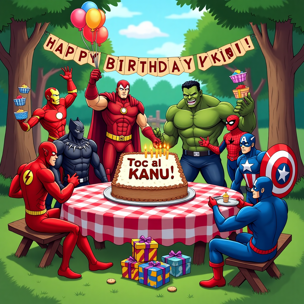 In this bustling, cartoon-style birthday scene, a colorful gathering of iconic superheroes unfolds in a park, vibrant with playful energy. At the center of the scene, a grand picnic table covered with a red-and-white checkered tablecloth displays an extravagant birthday cake shaped like a giant comic book, emblazoned with the name "Kanu" in bold, chocolate letters. Each superhero contributes their unique flair to the festivity. Iron Man hovers in mid-air, holding balloons shaped like miniature arc reactors, casting a metallic sheen over the cake. Thor stands nearby, swinging his enchanted hammer to light candles with crackling electric sparks. Flash, in a blur of red and yellow, zips around, setting up party decorations at lightning speed, while Hulk uses his immense strength to arrange oversized gift boxes tied with colorful ribbons. Spiderman, perched on a nearby tree, spins webs into a decorative banner overhead that reads "Happy Birthday, Kanu!" in intricate, webbed lettering. Deadpool, with his quirky humor, is juggling cupcakes while wearing a birthday hat, each frosted with different superhero logos. Black Panther, regal and composed, stands watch with a sleek Wakandan-themed gift wrapped in vibrant tribal patterns. Captain America, shield in hand, is slicing slices of cake with precision as Wolverine attempts to join in with his adamantium claws. Finally, in the background, Thanos, in a rare display of cheer, dons a party hat while balancing a tray of space-themed cookies, offering a mischievous grin. This dynamic, playful scene captures the superheroes in a rare moment of camaraderie, all gathered to celebrate Kanu's special day.
Generated with these themes: Iron man, thor, flash, hulk, spiderman, deadpool, black panther, captain american, woolverine, thanos wishing Kanu happy birthday.
Made with ❤️ by AI.