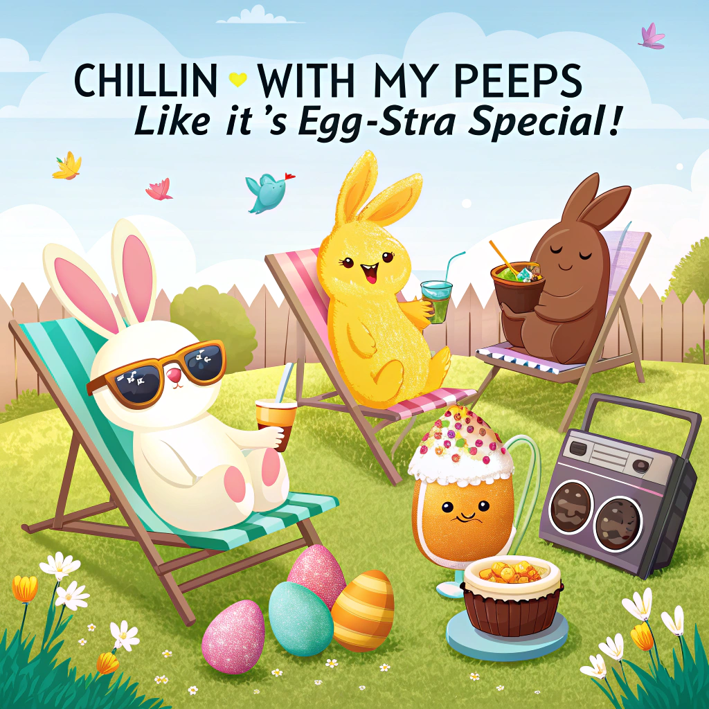At the top of the image, "Chillin’ with my Peeps like it’s egg-stra special!"

- In the center of the image, illustrate a group of marshmallow Peeps characters lounging on colorful deck chairs, wearing sunglasses, sipping tiny cocktails out of painted Easter eggs.
- One Peep has a boombox, another is flipping carrot-shaped pancakes on a mini grill, while a cool bunny DJ spins records made of chocolate.
- Background shows a sunny springtime backyard scene, complete with Easter eggs hidden in silly places (like one inside a bird's sunglasses).
- Keep the colors bright, pastel, and playful, with a clean vector style and thick, fun outlines.
Generated with these themes: EASTER.
Made with ❤️ by AI.
