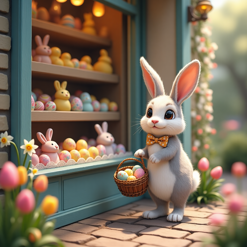Chocolate shop full of Easter eggs, Easter bunny , and Easter bunny carrying a basket looking in the window of the chocolate shop Easter Card