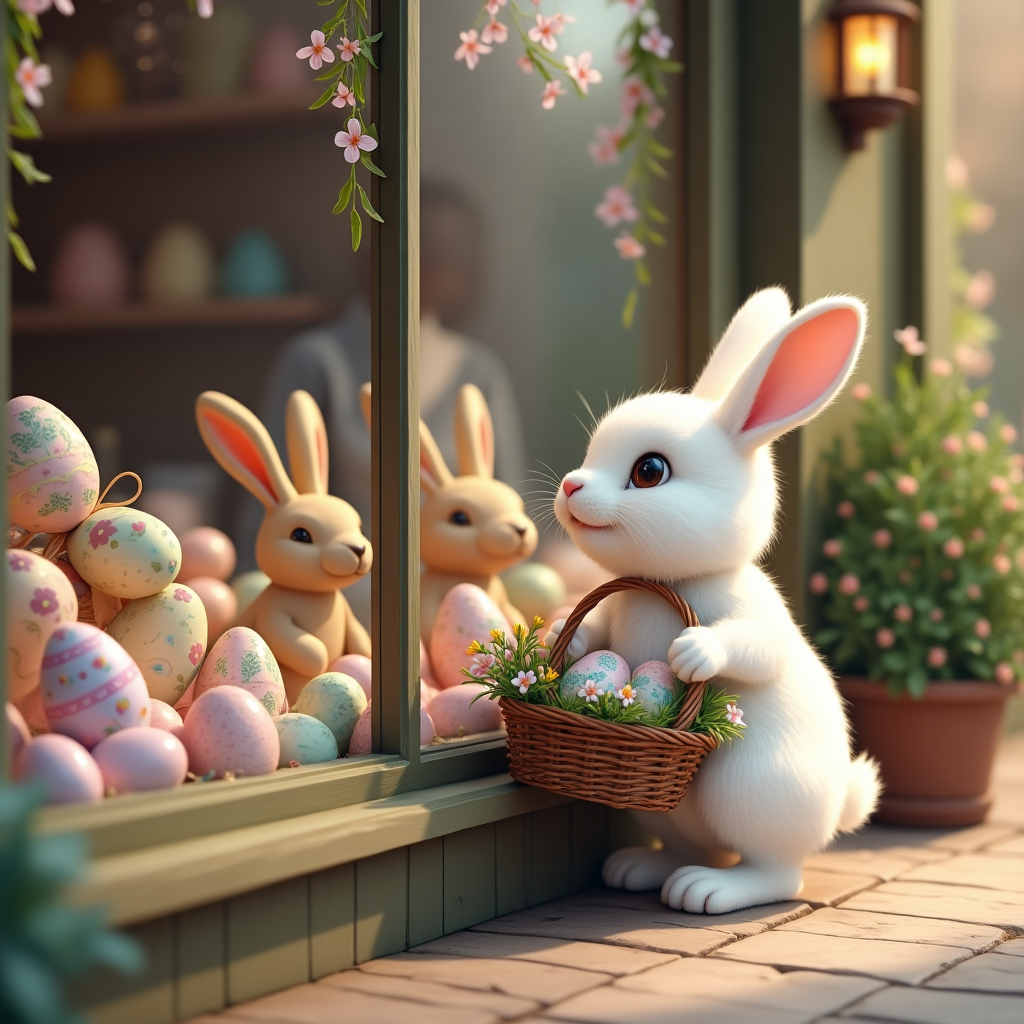 **Image Prompt:**  
A heart-meltingly cute, realistic photograph-style scene of a quaint, old-fashioned chocolate shop on a sunny spring day. The shop window is brimming with beautifully wrapped Easter eggs in pastel foil, hand-painted chocolates, and miniature chocolate bunnies arranged artfully among delicate flower garlands and Easter decorations. Peering curiously through the window, an adorable Easter Bunny—realistic and fluffy, with soft white fur and big expressive eyes—stands on tiptoe holding a wicker basket filled with colorful Easter eggs and wildflowers. The bunny’s nose is pressed lightly against the glass, enchanted by the sweet display inside. Gentle reflections in the shop window and warm sunlight complete the cheerful and heartwarming mood.
Generated with these themes: Chocolate shop full of Easter eggs, Easter bunny , and Easter bunny carrying a basket looking in the window of the chocolate shop.
Made with ❤️ by AI.