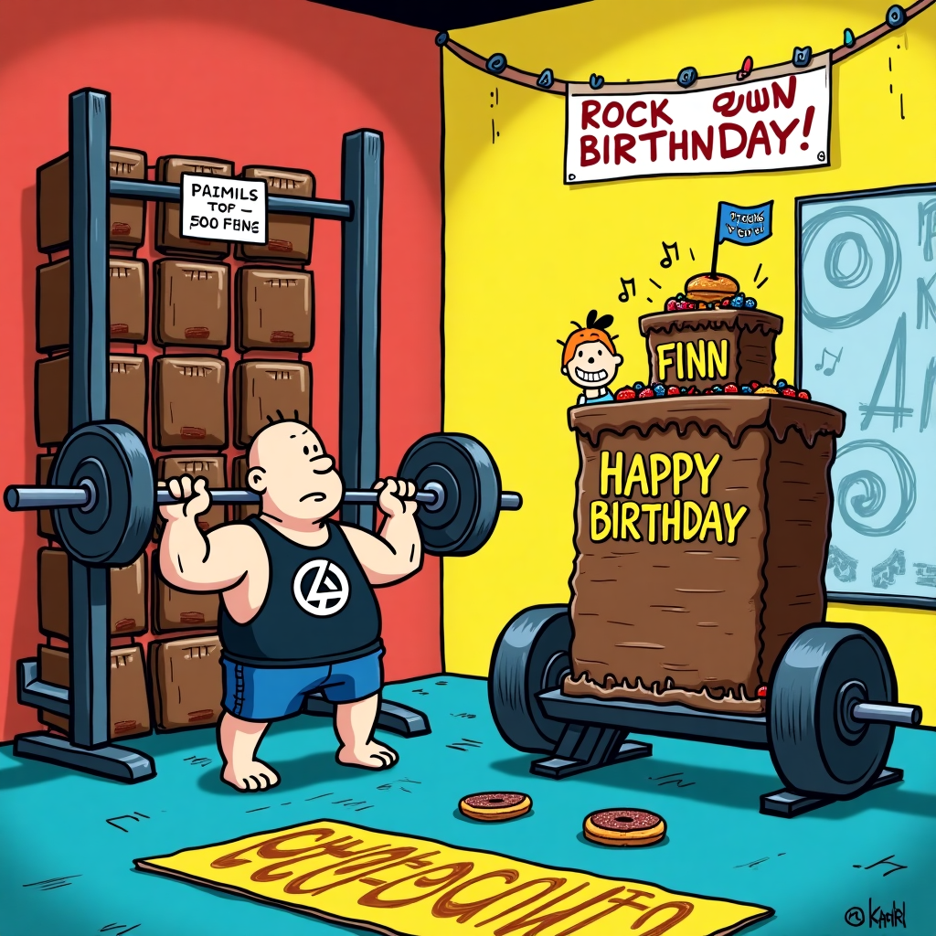 In this vibrant and lively birthday card scene, imagine a cartoonish gym setting with a Linkin Park twist. The background features bright, exaggerated colors—think bold yellows, electric blues, and vivid reds that pop off the page.

At the center of the card, picture a squat rack made of giant chocolate bars, each labeled with a humorous weight, like "500 Chocolate Calories." Beneath the squat rack, a character with an exaggerated bodybuilder physique is doing squats. They wear a tank top emblazoned with the Linkin Park logo, styled in a playful, cartoonish manner. The character's exaggerated features, like comically large biceps and tiny feet, echo the styles of Charles Schulz or Bill Watterson.

To the side, a large, cartoonish chocolate cake sits atop a small bench press, with weights made from donuts. The cake has layers of rich chocolate frosting, and its icing spells out "Finn" in bold, colorful letters. In the cake’s corner, a small banner on a toothpick reads "Happy Birthday," reminiscent of Peanuts' simple yet impactful text styles.

Above, a banner strung from wall to wall reads "Rock Your Birthday!" in a font that nods to classic Disney titles, with small, energetic musical notes dancing around it, giving a nod to Linkin Park's musical influence.

On the floor, gym mats are styled with playful designs inspired by R. Crumb, featuring exaggerated doodles of chocolate bars and music notes. The background walls are decorated with cartoon posters of Linkin Park album covers, reimagined in a simplified, comic-strip style.

Finally, peeking from the corner of the card, a mischievous character inspired by Calvin and Hobbes looks ready to join the fun, holding a dumbbell with a cheeky grin. The entire scene captures a whimsical fusion of gym enthusiasm, musical homage, and birthday celebration, all wrapped in a colorful, cartoon style.
Generated with these themes: Gym, Linkin park , Squats, Chocolate cake, and .
Made with ❤️ by AI.