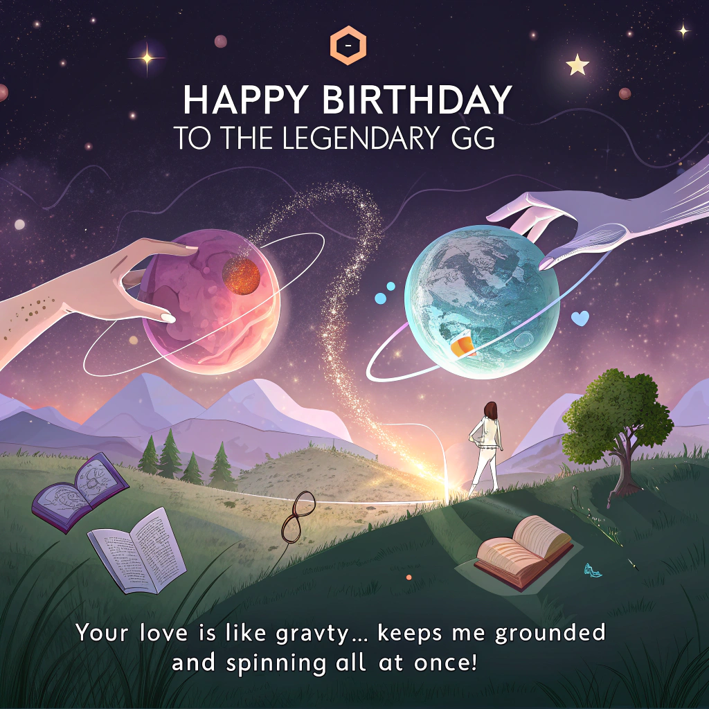 At the top of the image, "Happy Birthday To The Legendary GG":

   At the bottom of the image, "Your love is like gravity... keeps me grounded and spinning all at once!"

   - In the center, depict an ethereal landscape where two planets, resembling human hearts, orbit each other. They are surrounded by floating books and science instruments, glowing under a surreal, starry sky. A pair of elegant, intertwined hands stretch across the scene, connecting the planets with a vibrant, cosmic energy.
Generated with these themes: Science Learning Love, and .
Made with ❤️ by AI.