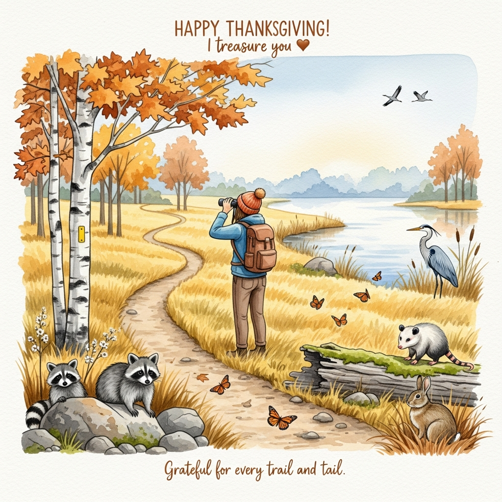 Hiking on the ice age national scenic trail, birdwatching, monarch butterflies, blue herons, sandhill cranes, raccoons, opossums, eastern cottontail rabbits, and Thank-you Card