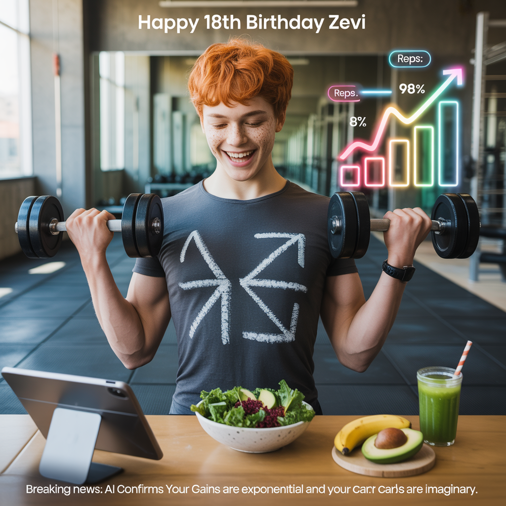 At the top of the Photorealistic picture taken from a camera image, "Happy 18th Birthday Zevi"

At the bottom of the image, "Breaking news: AI confirms your gains are exponential and your carbs are imaginary."

Ultra-high-definition 4K UHD photograph, real-camera look, shallow depth of field. A sunlit modern gym interior with rubber flooring and a mirror wall. Center frame: a ginger-haired young adult (vibrant copper hair, light freckles) mid-rep, laughing while curling a dumbbell; wearing a charcoal athletic tee lightly dusted with chalky math scribbles (π symbol, √, Σ). On a nearby bench: a bowl of kale salad, avocado halves, a banana, and a cold green smoothie beaded with condensation. A sleek tablet on a stand projects an AI coach overlay beside them—floating neon-style elements reading “Reps: 18,” “Form: 98%,” and an upward Σ-gains graph—casting a faint glow. On the wall, a whiteboard with hand-drawn workout math: “sets = √9,” “Volume = ∑ reps,” an exponential curve, and “rest = 60 s.” In the background, a wall-mounted TV plays a generic LIVE NEWS segment with a subtle ticker about fitness and AI (no real brands). Birthday touches: metallic gold “18” balloons tied to a kettlebell, light confetti on the floor, a tiny sparkler in a fruit cup. Accurate, natural lighting with soft window highlights, lifelike textures (metal knurling, fabric weave, sweat sheen, leafy greens), crisp subject isolation with creamy bokeh. Bold, clean sans‑serif headline at the top and the punchline at the bottom in high-contrast white with a soft drop shadow for legibility.
Generated with these themes: Gym, healthy food, AI, news, maths , Ginger hair, and .
Made with ❤️ by AI.