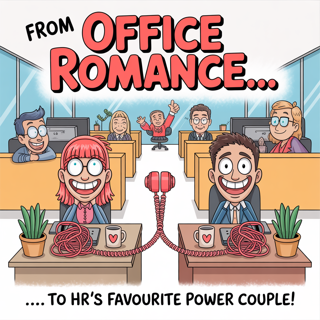 At the top of the image, in big, bouncy cartoon letters:  

**"From Office Romance…"**  

At the bottom of the image, in a cheeky punchline style:  

**"…to HR’s Favourite Power Couple!"**  

In the center, illustrate a playful cartoon scene: a bright, exaggeratedly colorful open-plan office with two characters (you and your boyfriend) sitting at desks facing each other, each grinning widely. Both desks are piled with silly over-the-top "couple" items — matching coffee mugs with hearts, identical desk plants, and one ridiculously long phone cord that’s tangled between them like spaghetti. In the background, amused co-workers peek over cubicle walls with raised eyebrows, and a cartoon HR character in the corner is giving a dramatic thumbs-up.  

The style should have thick outlines, vibrant colors, and comically exaggerated expressions, with plenty of fun little details to spot.
Generated with these themes: .
Made with ❤️ by AI.
