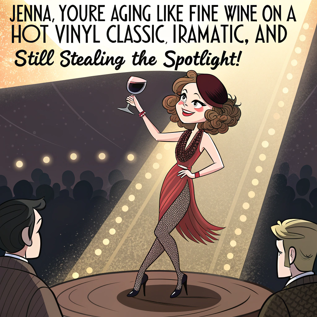 At the top of the image, "Jenna, you're aging like fine wine on a hot vinyl—classic, dramatic, and still stealing the spotlight!"

- The central illustration should be a cartoon-style depiction of a glamorous cabaret scene inspired by Hadestown, with Jenna (drawn as a fabulous character with vintage flair) standing dramatically on a stage lit by golden spotlights.  
- She’s holding a large glass of wine in one hand and a vintage vinyl record in the other, striking a diva pose as if mid-power-ballad.  
- In the background, a band of underworld characters plays instruments made out of wine bottles and record players, blending jazz-club vibes with Greek mythology flair.  
- Floating musical notes take the form of grape clusters, and a tiny Orpheus figure off to the side looks stunned and holding a “Backstage Pass” that says “Wine Not?”.  
- The overall style is quirky and theatrical, filled with rich reds, purples, and spotlight yellows to match the wine-meets-Broadway vibe.
Generated with these themes: Hadestown the musical, Wine, Spotlight, and Vinyl records.
Made with ❤️ by AI.
