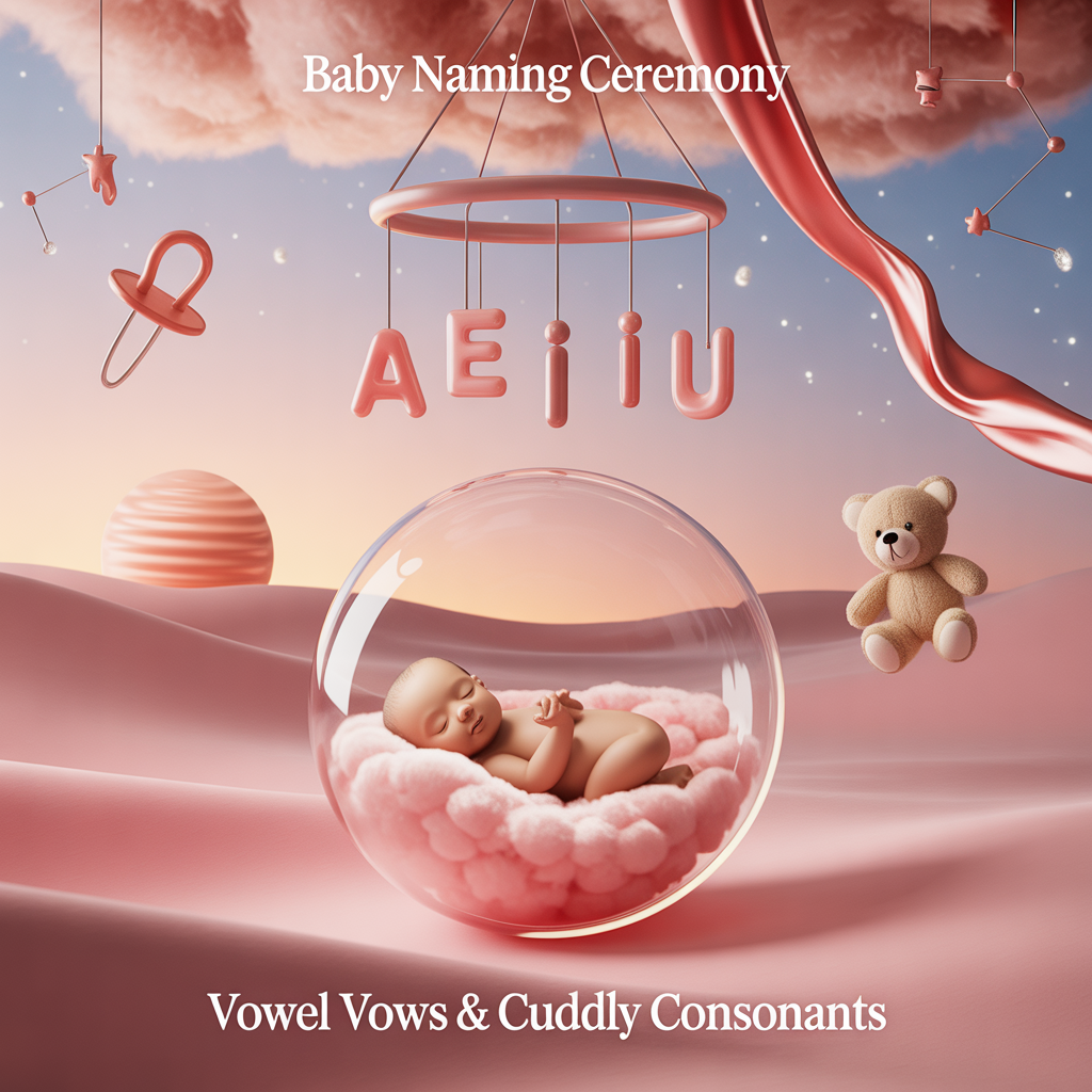 At the top of the Surreal Style image, "Baby Naming Ceremony"

At the bottom of the image, "Vowel vows & cuddly consonants."

Dreamlike, Dali-inspired surrealism with an elegant pink palette: a blush-pink, otherworldly landscape of silk-dune horizons and cotton-candy clouds. In the center, a glowing translucent bubble cradles a snoozing cloud-baby, softly lit from within, radiating pearly, ethereal light. Above, a crescent-moon cradle floats, dangling a mobile of melting alphabet letters (A, E, I, O, U) that drip into rose petals and satin ribbons drifting like stardust. A pacifier-shaped planet rises on the horizon; safety-pin constellations and teddy-bear stars twinkle across a pastel sky. Mood is irresistibly cute and refined, with long, soft shadows, gentle bokeh, and luminous haze.

Color and texture: ballet-slipper pink, dusty rose, blush, rose-quartz whites, and rose-gold highlights; velvety, pearlescent surfaces with a subtle foil-like gleam on accents.

Typography styling: top headline in elegant rose-gold script, airy and refined; bottom line in petite serif, rose-quartz tint. Provide generous negative space so the text feels hero-level and serene.

Lighting and composition: ethereal, diffuse high-key glow; soft vignette; balanced, uncluttered layout; ultra-clean, high-resolution finish.
Generated with these themes: .
Made with ❤️ by AI.