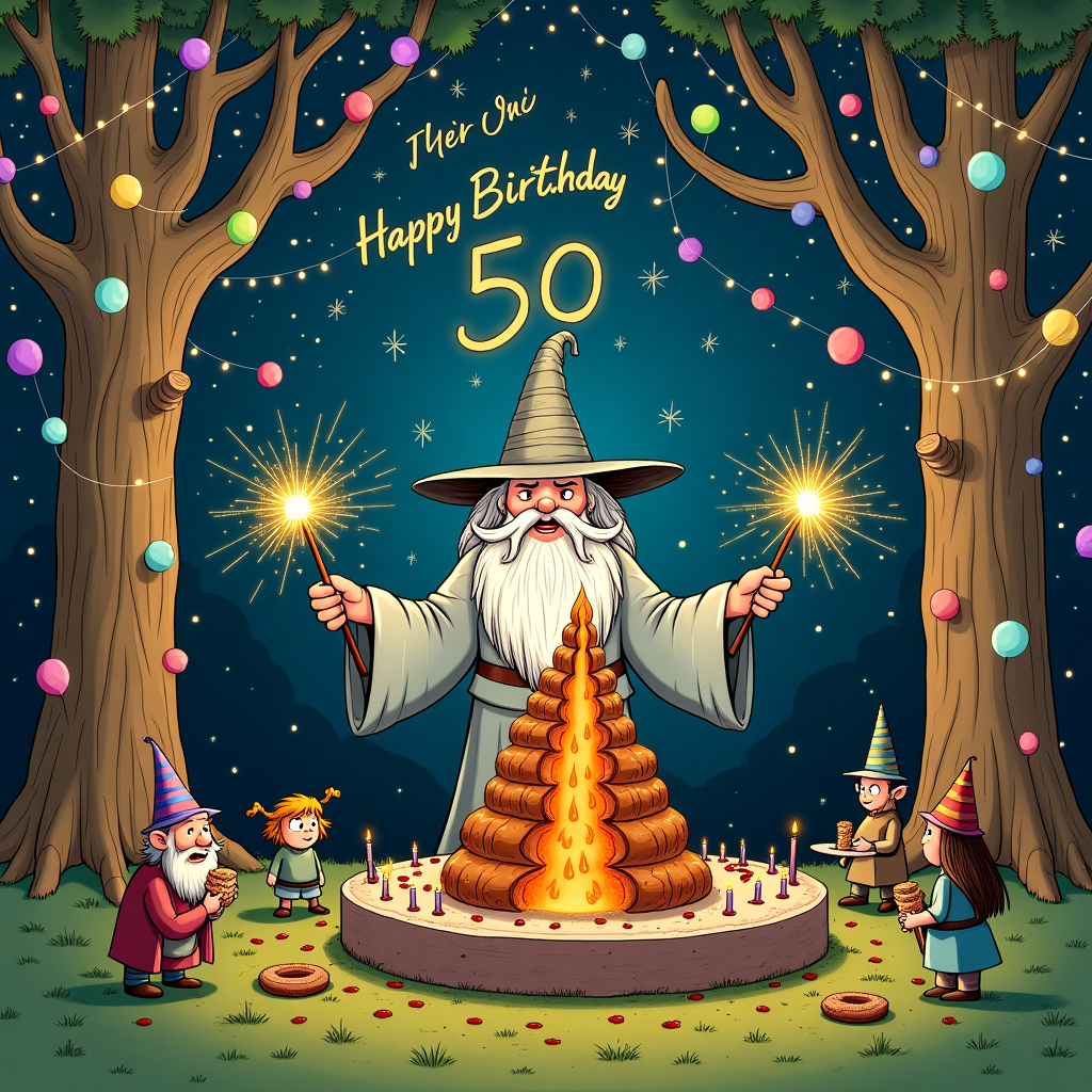 On the front cover of the birthday greeting card, imagine a playful mash-up of "Lord of the Rings" and the celebration of a 50th birthday. In the foreground, a whimsical character that combines Gandalf and a jovial birthday wizard stands center stage. He's sporting a pointed hat adorned with glittering candles instead of stars, with the number "50" prominently featured on the hat’s brim. In his hands, he holds a staff that cleverly doubles as a giant sparkler, its golden sparks forming a radiant "Happy Birthday" in mid-air.

Around him, an enchanted forest scene unfolds. Trees resembling the Ents from Middle-earth, but with bark made of layers of cake, tower in the background. Their branches, festooned with colorful balloons and streamers, sway gently. A few tiny hobbits, dressed in festive party attire complete with pointed hats, sit at a long table set for a grand feast. On the table, an enormous, intricately detailed cake shaped like Mount Doom rises, with chocolate lava oozing down its sides.

To the left, a mischievous Gollum character can be seen eyeing a ring-shaped donut, his eyes wide and gleaming. To the right, a group of elves are stringing up fairy lights that resemble glowing elven runes. Above, the sky is a rich twilight blue, speckled with stars that spell out "The One Birthday to Rule Them All."

The illustration should take inspiration from the detailed line work of Patrick Seymour and the vibrant colors of Malika Favre, combined with the bold, geometric shapes reminiscent of Matt W. Moore. This creates a lively and humorous scene that invites the recipient to step into a magical birthday celebration unlike any other.
Generated with these themes: Lord of the ring 50 years, and .
Made with ❤️ by AI.