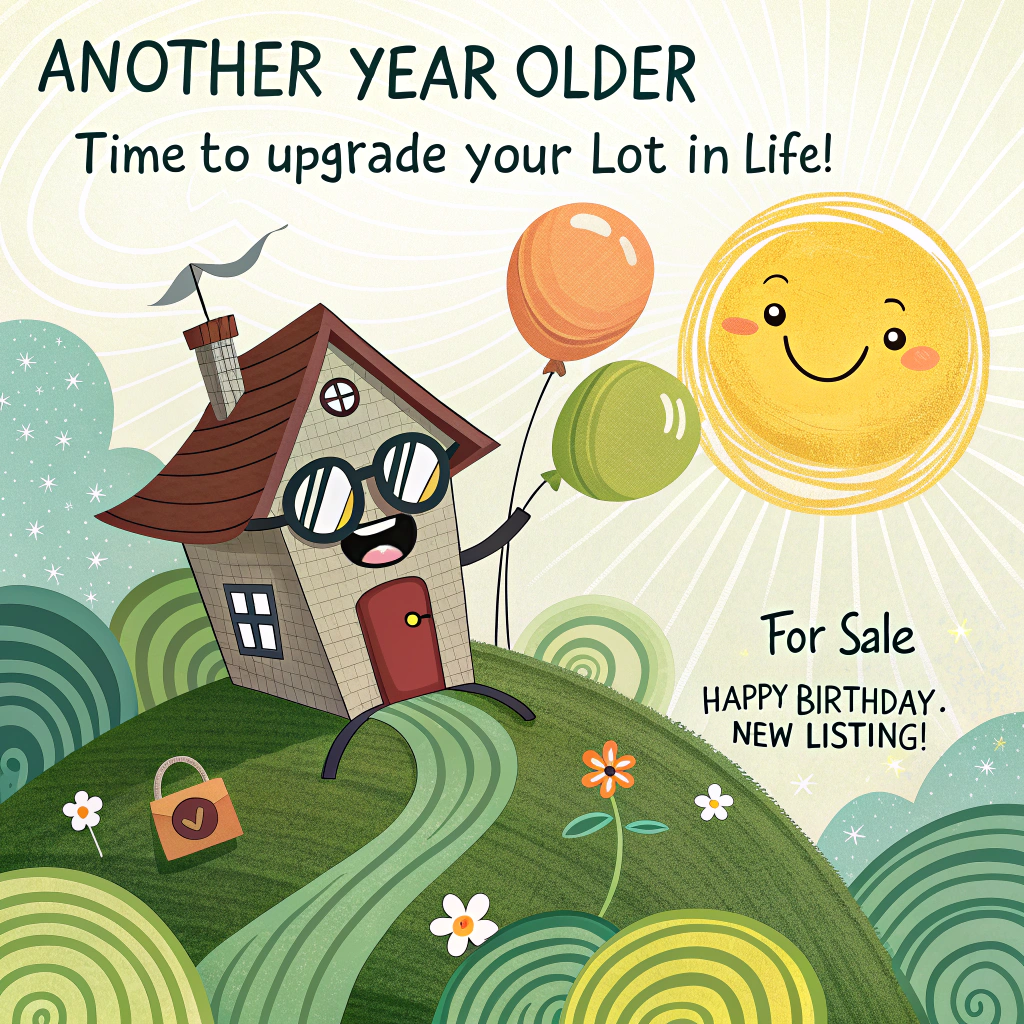 At the top of the image, "Another year older—time to upgrade your lot in life!"

- Create a whimsical, abstract landscape where a grinning, googly-eyed house stands on a grassy hill made of layered green paint swirls.
- The house is festively "for sale" with a giant “Happy Birthday, New Listing!” sign stuck into the yard.
- Behind the house, a big, blobby, bright yellow sun with sunglasses beams joyfully, wearing a birthday hat.
- Balloons float above the chimney, one of them shaped like a key, another like a dollar sign, and one looking suspiciously like a slice of cake.
- A wavy white fence dances across the lower half of the scene, with curly streamers entangled in it like wild vines.
- Scatter tiny lawn gnomes holding "Open House Party" signs along the fence for added silliness.
- Use bright, clashing colors and strange proportions to push the abstract feel—nothing should look quite right, and that's the fun.
Generated with these themes: house, sun, green grass, white fence, balloons, real estate theme.
Made with ❤️ by AI.