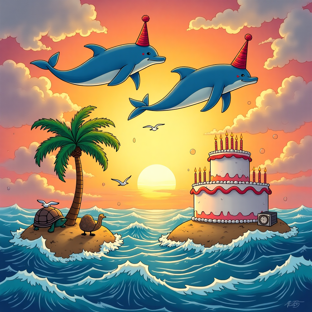 Floating dolphins, Sunset, and Islands Birthday Card