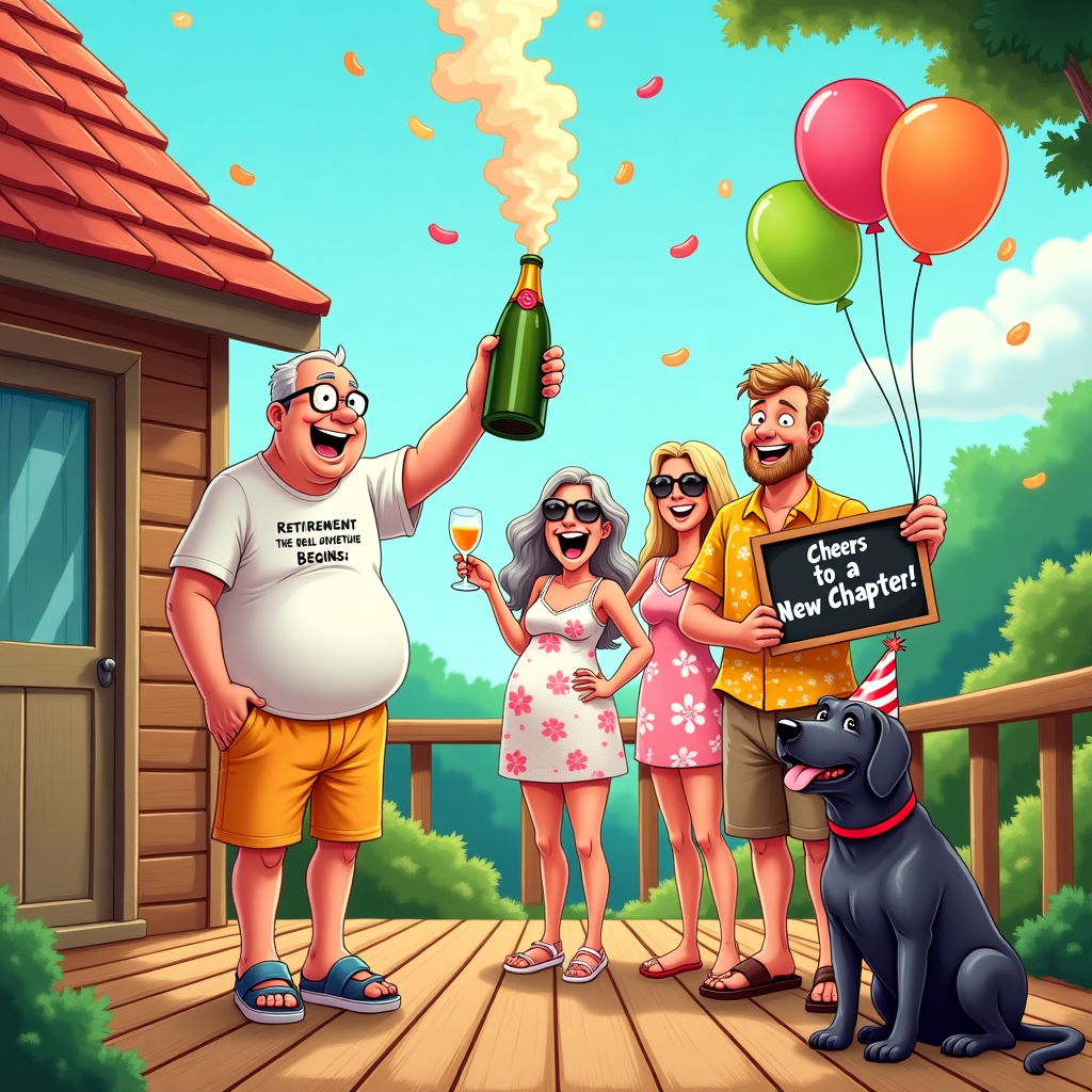 60 year old man, overweight and bald , 60 year old woman, overweight, grey hair, 33 year old woman,  long blond hair with a 30 year old man, dark blond, Champagne, Dark grey labrador, smiling, A summer  Holiday lodge, Happy  Birthdays, and Congratulations Card