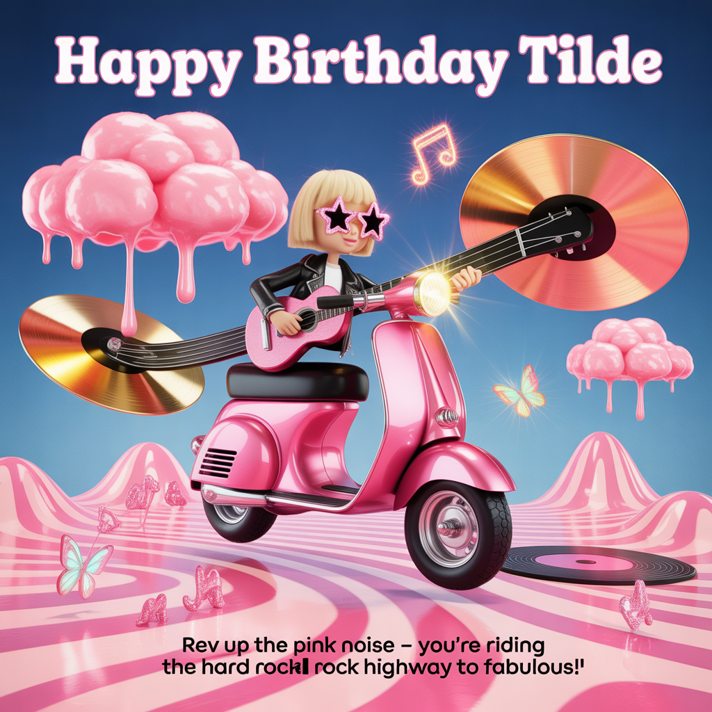 At the top of the image, "Happy Birthday Tilde":  

At the bottom of the image, add: **"Rev up the pink noise – you're riding the hard rock highway to fabulous!"**  

- In the center of the surreal scene, a shiny pink scooter floats dreamily above a melted, candy-colored desert landscape.  
- A cute blonde figure in leather jacket and glittering star-shaped sunglasses balances on the scooter, strumming a guitar that drips like liquid light.  
- The scooter’s wheels morph into giant golden cymbals, softly shimmering in the sky.  
- Cotton candy clouds twist into guitar strings overhead, while tiny neon butterflies shaped like music notes flutter around.  
- The ground below bends like a vinyl record, warped into pink waves that ripple outward.  
- Lighting is ethereal and glowing, creating a dreamy, playful surreal rock ’n’ roll fantasy.  
Generated with these themes: Hard Rock, Pink, blonde, scooter, and .
Made with ❤️ by AI.