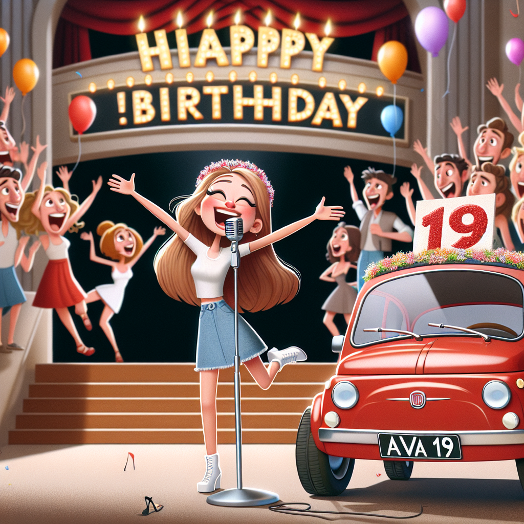 A lighthearted cartoon depiction of a joyful birthday scene features a 19-year-old Caucasian girl with long blonde hair performing on a stage in celebration of her special day. She enthusiastically sings in a musical, embodying the essence of celebration. The audience stands filled with a diverse array of animated characters expressing the vitality of university life through their lively dance moves. Off to one corner of the scene, a delightful red Fiat 500 with a license plate reading 'AVA 19', stands parked, symbolizing the freedom and adventures that her 19th birthday presents.
Generated with these themes: 19 year old girl with long blonde hair singing in a musical on stage, Red Fiat 500 with AVA 19 number plate, Dancing, University, and 19th birthday.
Made with ❤️ by AI.