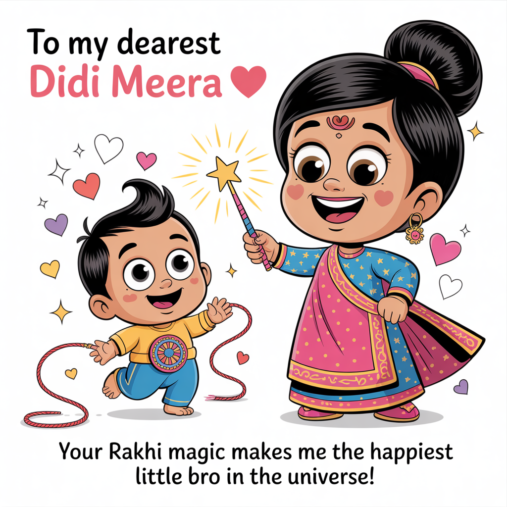 💖 To My Dearest Didi Meera 💖 Hi Meera Didi,  Thank you so much for tying this beautiful rakhi on my tiny wrist! It makes me feel so special and loved. You're the best big sister a little brother could ask for.  I might be too small to say it out loud right now, but my heart is full of thank yous for you!  I can't wait to grow up a little bit so we can play together and have lots of fun!  Lots of gurgles and happy smiles,  Your little brother,  Aariv 🥰, and Thank-you Card