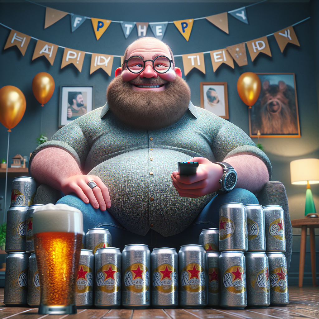 Fat bald man with glasses and stubble beard sitting on a pile of beer Fathers-day Card