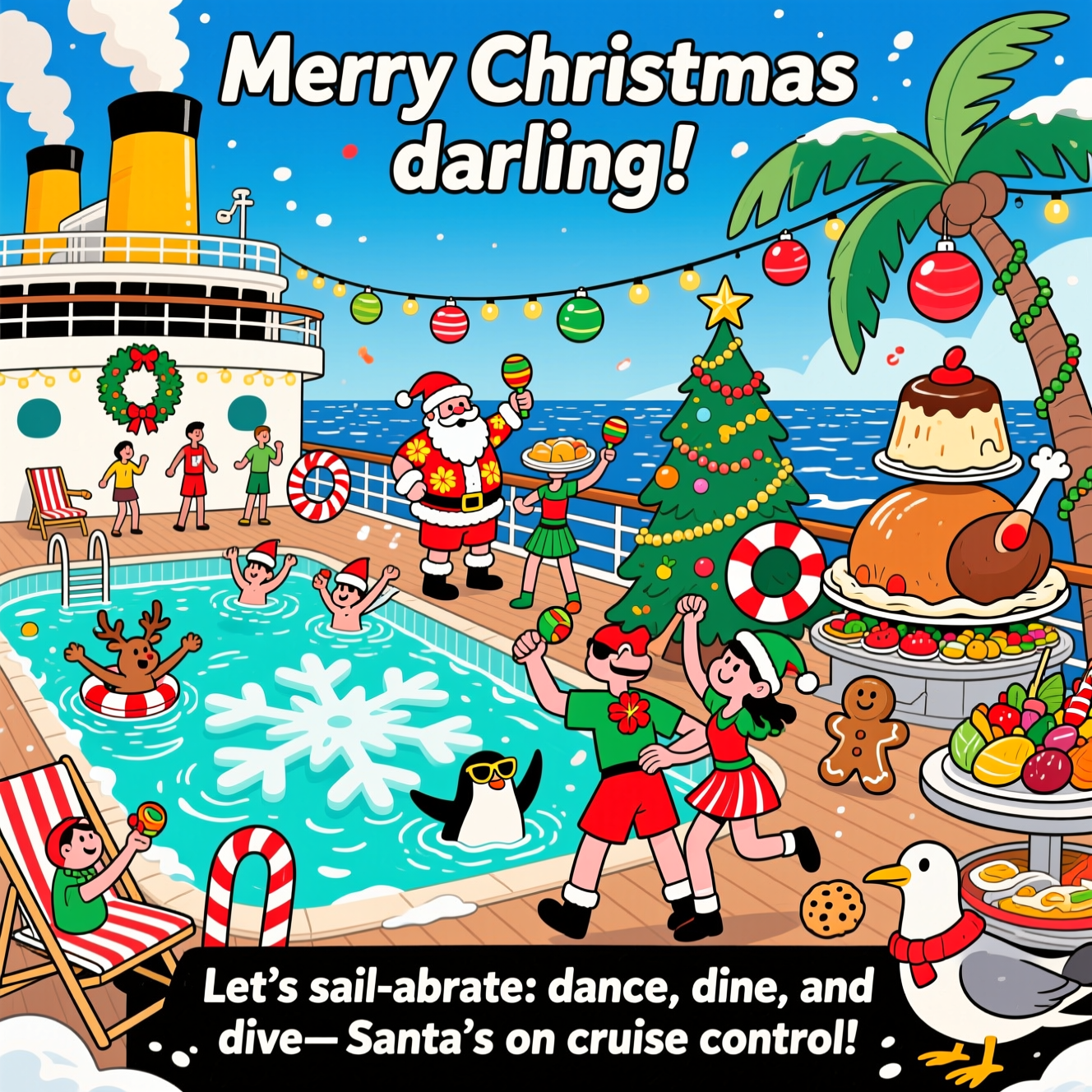 At the top of the Cartoon Style image, "Merry Christmas darling"

At the bottom of the image, "Let’s sail-abrate: dance, dine, and dive—Santa’s on cruise control!"

Center scene: A bright, zany cruise-ship sun deck transformed into a tropical Christmas bash. A big snowflake-shaped pool splashes turquoise, with playful swimmers in Santa hats and reindeer floaties doing cannonballs and goofy synchronized kicks. Santa, in red swim trunks and a hibiscus shirt, leads a candy-cane conga line along the deck, hips exaggerated, maracas shaking, while a lifeguard elf in a striped chair blows a peppermint whistle. On one side, an overflowing holiday buffet groans with cartoonishly huge turkey, towering pudding, gingerbread, and fruit skewers shaped like Christmas trees—passengers dance while balancing epic plates. Candy-cane railings, life rings decorated as wreaths, string lights, and giant baubles dangle everywhere; a palm tree is wrapped like a Christmas tree with tinsel and a star. A couple twirls mid-salsa with comedic, stretchy limbs; a penguin in shades attempts a belly flop; a seagull in a scarf steals a cookie. The ocean glitters beyond, with the ship’s smokestacks capped like Santa hats. Style it with thick black outlines, exaggerated proportions, and bright, saturated holiday colors (candy-cane red, holly green, ocean teal, sunny gold). Add energetic motion lines, sparkly snow-confetti, and big expressive faces. Reserve clean sky area for the headline at the top and a clear deck ribbon for the punch-line at the bottom; use bold, bouncy lettering with a white stroke and soft shadow for readability.
Generated with these themes: Cruise dancing eating swimming, and .
Made with ❤️ by AI.