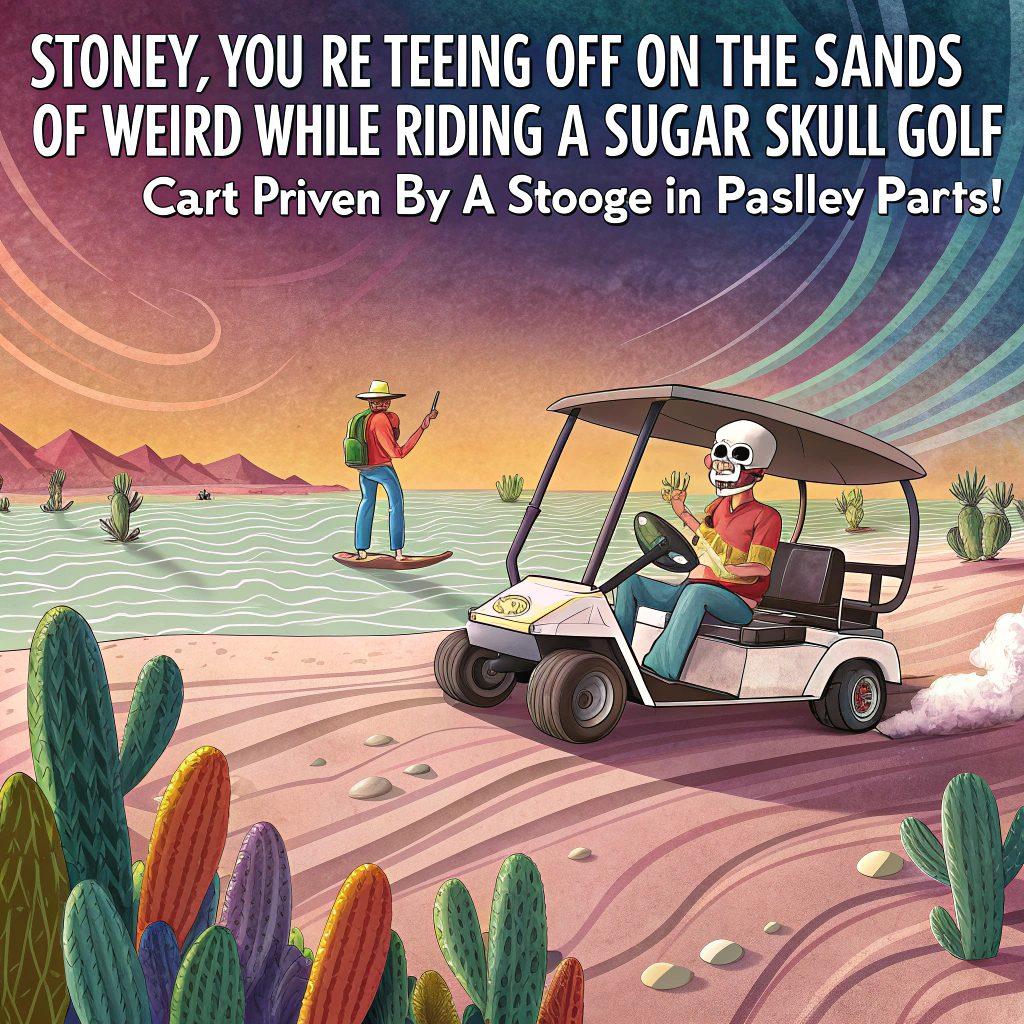 At the top of the image, "STONEY, you’re teeing off on the sands of weird while riding a sugar skull golf cart driven by a Stooge in paisley pants!"

– The image features a surreal, abstract beachscape where melting surfboards bloom like desert cacti. A swirling sky made of record grooves and tie-dye patterns hangs overhead, punctuated by flying Frank Zappa heads in golf visors, raining psychedelic golf balls. Three loosely-shaped cartoonish stooges (think rubbery, Dalí-style) attempt to play golf using flamingo-legged putters while a skeletal Grateful Dead bear caddie juggles coconuts and cassette tapes.

– In the distance, a psychedelic tour bus labeled “Zappalachia or Bust” cruises along a dune shaped like a vinyl record.

– The overall style blends pastel desert tones with vivid beach neons and pop-surrealist elements.
Generated with these themes: Zappa, Golf, 3 stooges, Grateful dead, and Beach.
Made with ❤️ by AI.