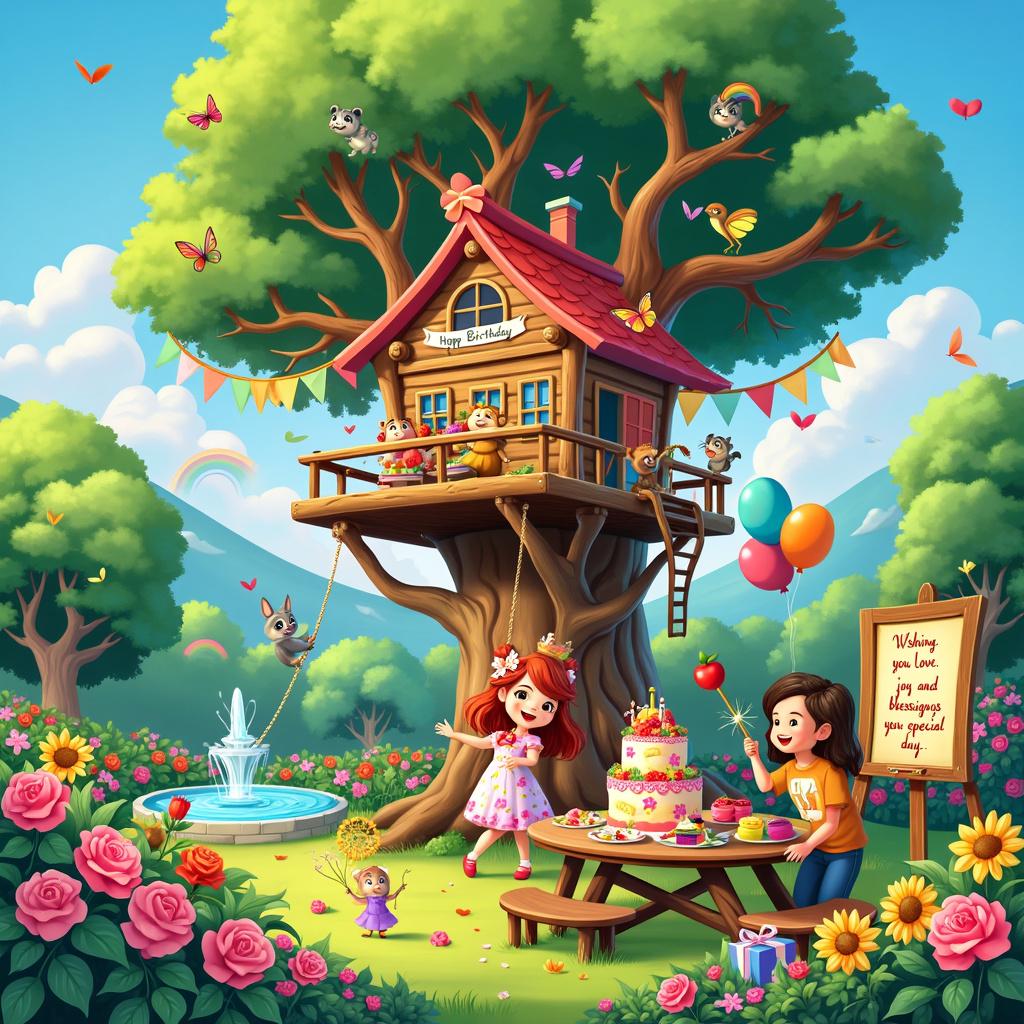 In a vibrant garden bursting with color, the scene unfolds under a clear blue sky, where a whimsical treehouse, nestled in a majestic ancient oak tree, stands proudly at the center. The treehouse is adorned with playful, multicolored bunting that cheerfully declares, "Happy Birthday, Mone!" Below, a picnic table is laden with an array of delicious treats, featuring a towering, three-tiered birthday cake embellished with edible flowers and butterflies, a bowl of fresh fruit, and a delightful assortment of colorful macarons. To one side, a wooden swing sways gently from a sturdy branch, decorated with a bouquet of balloons. The garden is alive with various animals: a friendly squirrel offers Mone a bright red apple, a curious raccoon peeks shyly from behind the treehouse, and a family of birds chirp joyfully from above. Nearby, a small fountain trickles softly amidst blooming roses and sunflowers, adding to the enchantment of the scene. 

Standing beside the treehouse, Mone beams with a radiant smile, dressed in a flowing dress adorned with floral patterns while holding a sparkling golden wand. Friends and family, depicted as lively and joyful cartoon characters, gather around her, each eagerly clutching unique gifts wrapped in vibrant paper and topped with elaborate bows. In the background, a painted sign on an easel expresses heartfelt wishes for love, joy, and blessings on her special day, framed by hand-drawn hearts and stars. This enchanting scene is further enriched by a rainbow arcing through the sky and a tiny rabbit peeking out from a bush, embodying the essence of a joyous and magical birthday celebration.

Today, we celebrate the day you came into our lives and made everything brighter. Your laughter is like sunshine, and your kindness touches everyone around you. May this year be filled with unforgettable moments, exciting adventures, and all the happiness your heart can hold! You are truly a treasure, the one who makes us prouder every day. Each year, you continue to inspire us with your passion and determination. Here’s to another fantastic year filled with dreams coming true. Enjoy every moment of your celebration, Mone!

Made with ❤️ by AI.