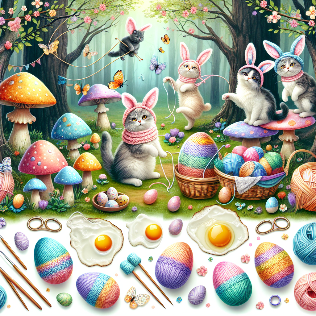 Create a whimsical Easter scene featuring playful cats adorned with pastel bunny ears, frolicking in a magical grove full of mystical mushrooms. Include knitting paraphernalia scattered around, hinting at a serene pastime. Depict an array of colorful Easter eggs, artistically decorated, along with fried and scrambled eggs pasted randomly. These elements should together create a vibrant tableau of joy and Easter celebrations.
Generated with these themes: cats, mushrooms, knitting, eggs, eggs, fried eggs, scrambled eggs.
Made with ❤️ by AI.