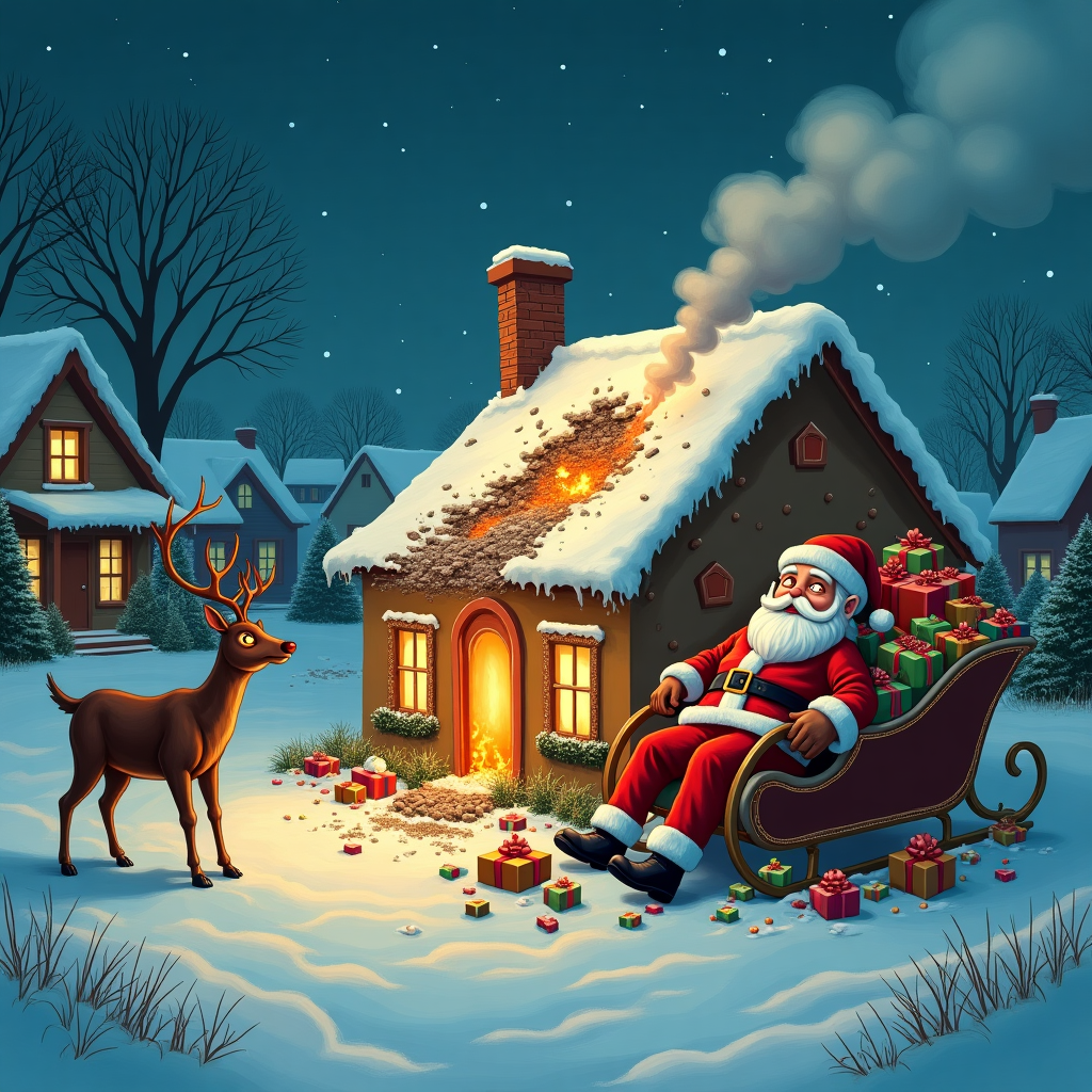 The scene is set in a quiet, snow-covered suburban neighborhood on Christmas Eve. In the foreground, a quaint house with a gingerbread-style exterior is prominently featured. The house is partially collapsed where Santa's sleigh, now in a state of disarray, has crashed into the rooftop. The sleigh, once majestic and filled with gifts, now lies askew, with fragments of wood and twisted metal scattered around the impact site. Piles of presents, wrapped in vibrant red, green, and gold paper, are strewn across the snow, some torn open and spilling toys and trinkets. Flames flicker hungrily from the back of the sleigh, casting an eerie glow and smoke curling upwards into the starlit sky. Santa himself, dressed in his traditional red suit, is slumped against the chimney, his hat askew, clearly unconscious. To the left of Santa, an ominous figure approaches: an evil-looking Rudolph. The reindeer stands apart from his usual festive image, his eyes glowing with a sinister red hue that matches the ember of his legendary nose, which now flickers menacingly. His antlers are sharp and jagged, casting long, threatening shadows in the firelight. In the distance, untouched snowflakes continue to fall gently, offering a stark contrast to the chaos of the scene, while a faint silhouette of other reindeer fleeing can be seen against the moonlit sky.
Generated with these themes: Santa has crashed his sleigh into a house and is knocked unconscious, The sleigh and presents are broken and on fire, and An evil Rudolph the red nose reindeer is approaching Santa.
Made with ❤️ by AI.