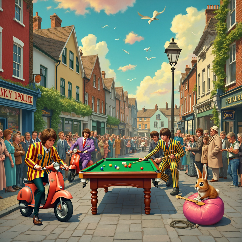 Imagine a bustling, whimsical street corner on a sunny afternoon, reminiscent of a Norman Rockwell painting but with a twist. In the center of the scene, there's a vintage snooker table with a green baize top, situated on the cobblestone street, surrounded by a quirky audience. The Beatles, in their iconic Sgt. Pepper's Lonely Hearts Club Band outfits, are intensely focused on a snooker match. Paul McCartney is about to take a shot, his striped suit almost blending into the vibrant hues of the snooker balls.

Riding towards the scene on colorful, retro motorbikes are John Lennon and Ringo Starr. Lennon's bike is painted with a psychedelic swirl pattern, inspired by Aubrey Beardsley's intricate designs, and he's sporting his signature round glasses and a mischievous grin. Ringo's bike has a sidecar, in which a Beatrix Potter-style rabbit is perched, wearing a tiny helmet and goggles, waving to the passersby.

Off to the side, George Harrison is sitting on a snooker ball the size of a bean bag, strumming a guitar, with musical notes swirling around him in the air, illustrated in a manner reminiscent of Quentin Blake's playful strokes. Surrounding the scene are a mix of fantastical elements, such as an old Victorian streetlamp with an ornate design, inspired by Arthur Rackham, and a backdrop of Edward Gorey's charmingly spooky townhouses, complete with whimsical vines and slightly askew windows.

To add to the surreal nature of the scene, a Maurice Sendak-styled Wild Thing is casually leaning against a motorbike, holding a cue stick and watching the game with curiosity. In the background, a bright Maxfield Parrish sky stretches out, with golden clouds and soft gradients of blue and pink, illuminating the entire scene in a magical light.

This quirky and detailed illustration is packed with hidden elements and nods to the themes, creating a vibrant, joyous celebration of music, motorbikes, and snooker, making it the perfect birthday card cover for someone who appreciates a touch of whimsy and a lot of creativity.
Generated with these themes: Beatles, Motorbikes, and Snooker.
Made with ❤️ by AI.