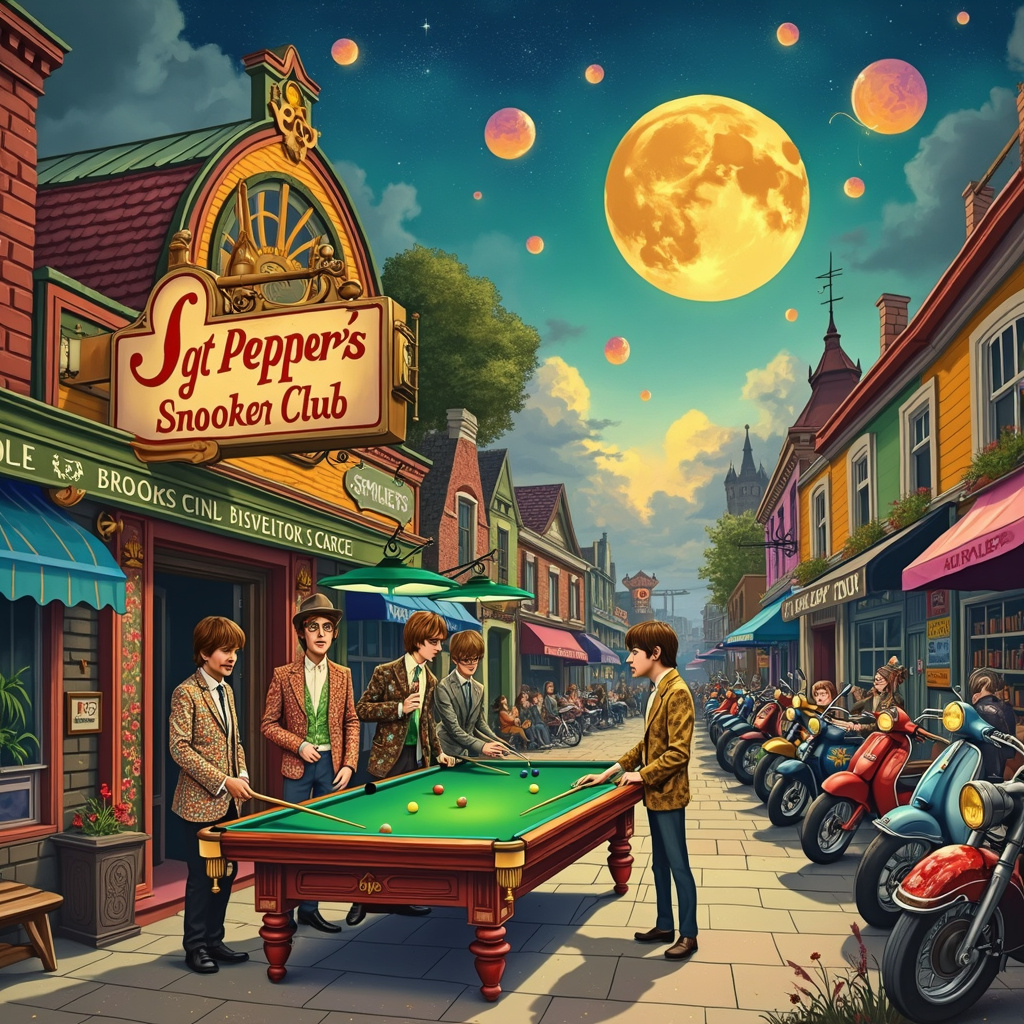Picture a whimsical street corner in a lively, colorful city, reminiscent of the psychedelic 60s. To the left, you see a vibrant, old-fashioned snooker hall with a large, vintage sign reading "Sgt. Pepper's Snooker Club" in swirling, Beatles-inspired typography. The façade of the snooker hall features a mural of the iconic Beatles album cover, but with a twist: each Beatle is holding a snooker cue and standing around an elaborately decorated snooker table. John Lennon is lining up a tricky shot, wearing round glasses and a paisley suit. Paul McCartney, in a snazzy waistcoat, is chalking his cue. George Harrison, sporting a headband and flowery shirt, is pondering the next move. Ringo Starr, in a flashy jacket, is excitedly cheering them on.

To the right of the snooker hall, a line of vintage motorbikes is parked. These bikes are adorned with motifs from the Beatles’ albums; for example, one motorcycle has a gleaming, chrome "Yellow Submarine" sidecar, complete with porthole windows and a periscope. Another bike features swirling, psychedelic designs in bright, contrasting colors, similar to those on the "Magical Mystery Tour" bus. Leaning casually against the bikes are caricature-like versions of the Beatles, dressed in their iconic outfits from different eras – from the mop-topped suits of the early 60s to the more bohemian looks of the late 60s.

Above, the sky is a patchwork of twilight hues, with hints of Maxfield Parrish's deep blues and luminous yellows. An enormous snooker ball moon hangs in the sky, glowing softly with a number '8' etched on it. Around it, stars twinkle in the shapes of musical notes, subtly referencing the Beatles’ most beloved songs.

In the foreground, a crowd of quirky, anthropomorphic characters inspired by Beatrix Potter and Quentin Blake's illustrations gather around, celebrating a birthday. A rabbit in a birthday hat is presenting a snooker cue shaped like a birthday candle, while a mouse on a mini motorbike buzzes by with a tiny sidecar filled with wrapped gifts. A fox in a vintage suit and bowtie is juggling Beatles vinyl records, and a hedgehog in goggles and a leather jacket is tuning up one of the motorbikes.

The entire scene is packed with intricate details and hidden Easter eggs for Beatles fans, creating a rich tapestry that celebrates birthdays, motorbikes, and snooker all at once.
Generated with these themes: Beatles, Motorbikes, and Snooker.
Made with ❤️ by AI.