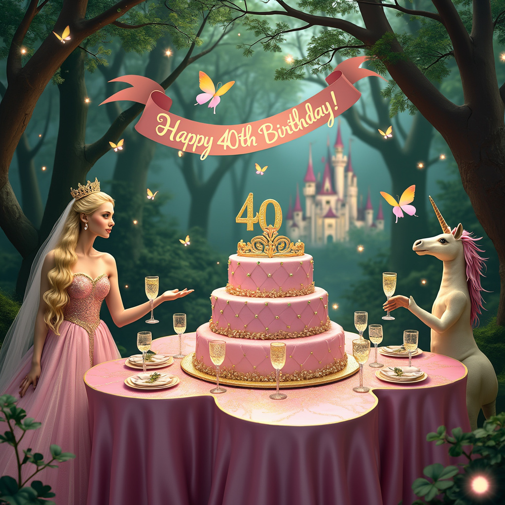 In the heart of an enchanted forest, a surreal, enchanted birthday celebration unfolds under a canopy of towering, ancient trees whose branches glitter with pink sparkles. At the center of the scene is an enormous, iridescent, shamrock-shaped table covered with a luxurious, pink silk cloth that cascades to the ground. A golden tiara, studded with emeralds, sits at the head of the table, glistening under the soft light from the floating, luminescent fireflies.

A lavish, pink-and-gold, castle-shaped birthday cake stands as the table’s centerpiece, with "40" written in elegant script at its summit. Surrounding the cake are tall, slender flutes filled with bubbly champagne, each glass magically hovering above the table surface, pouring a continuous stream of golden bubbles that form playful, pink sparkles as they rise into the air.

To the left of the table, a regal, blonde lady dressed in a dazzling, pink ball gown adorned with tiny shamrocks and sparkling sequins, holds a delicate crystal champagne glass. Her hair flows in soft, golden waves, crowned by a smaller tiara similar to the one on the table. She stands next to a whimsical unicorn with a flowing pink mane and a garland of shamrocks around its neck, looking up in awe at the magical scene.

In the background, a fairy-tale castle with pink-tinted spires and golden accents peeks through the dense foliage, completing the dreamlike landscape. A banner reading “Happy 40th Birthday” stretches across the sky, held aloft by a chorus of fluttering butterflies, each wing tip dusted with pink sparkles, guiding the eye back to the centerpiece of this surreal, enchanted celebration.
Generated with these themes: Champage, Pink sparkles, 40 birthday, Shamrock, Princess , and Blonde lady .
Made with ❤️ by AI.