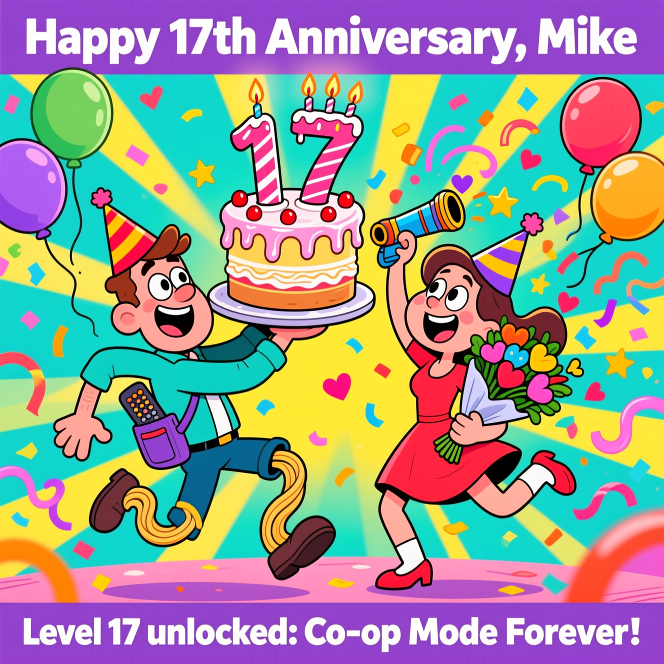 At the top of the Cartoon Style image, "Happy 17th Anniversary, Mike"

At the bottom of the Cartoon Style image, "Level 17 unlocked: Co‑op Mode Forever!"

- Center scene: a playful cartoon husband and wife in energetic, whimsical poses with oversized heads, expressive eyes, and noodle-like limbs. Both wear colorful party hats; they’re mid-celebration with big grins.
- The husband balances a towering, slightly wonky cake shaped like a giant “1” and “7,” dripping frosting and topped with sparkling candles; a TV remote cheekily peeks from his back pocket.
- The wife pops a confetti cannon that bursts into bright hearts, stars, and streamers; she clutches an oversized bouquet and leans into him with a loving nudge.
- Style: thick bold outlines, bright saturated colors (teal, sunshine yellow, candy red, electric purple), playful shadowing, and motion swooshes for extra energy.
- Background: a bold, celebratory color burst with swirling confetti and balloons, keeping clear space around the top and bottom text so it pops.
- No additional text inside the scene beyond the headline and punchline.
Generated with these themes: Golf, sports, and .
Made with ❤️ by AI.