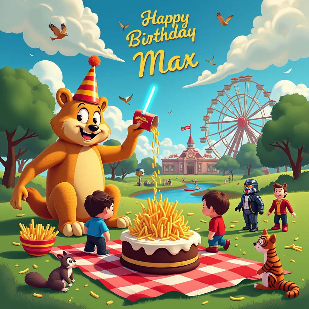 In the front cover of the birthday card, set the scene in a vibrant and whimsical park where a variety of eccentric characters gather to celebrate Max’s special day. In the foreground, create a dynamic picnic setup with a red-and-white checkered blanket laid out on the lush green grass. A large, cartoonishly detailed birthday cake sits at the center of the picnic blanket, with "Happy Birthday Max!" written in colorful icing on the top. Surrounding the cake are bowls of French fries arranged like festive bouquets.

To the left, depict a gigantic, anthropomorphic Weetabix character wearing a birthday hat, joyfully pouring a box of smaller Weetabix pieces into a bowl. Nearby, a group of enthusiastic Roblox avatars—each with different, vibrant costumes—are energetically building a fantastical structure out of oversized French fries. The avatars are designed with exaggerated expressions of delight and astonishment, highlighting their playful nature.

Above the scene, a brilliantly blue sky stretches across the card, peppered with fluffy white clouds that spell out "Max" in an artistic cursive script, subtly incorporating the recipient’s name into the sky. A few small birds, reminiscent of Charles Schulz's whimsical characters, add movement to the sky, carrying a tiny banner that reads "Level Up!".

In the background, a classic, stylized amusement park (inspired by Walt Disney) is visible with towering Ferris wheels and colorful roller coasters. To the right of the park, a group of characters dressed as iconic manga heroes (inspired by Osamu Tezuka) are having a friendly duel with lightsabers made of glowing French fries, bringing a sense of adventure and fantasy to the scene.

Finally, add some subtle, quirky details such as a squirrel dressed in a tuxedo nibbling on a Weetabix piece and a Calvin and Hobbes-style tiger lounging casually next to the picnic blanket, adding a playful and layered depth to the illustration.
Generated with these themes: Weetabix, Roblox, and French fries.
Made with ❤️ by AI.