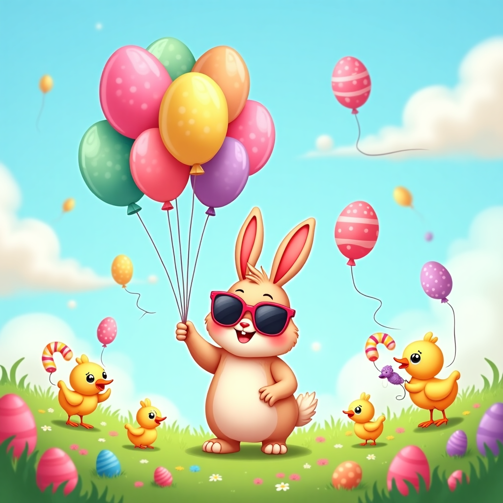 **Image Prompt:**  
At the top of the cartoon image: *"Hoppy Easter, Samantha — Don’t let your eggs get jolly-raided!"*

Create a vibrant and adorable Easter-themed cartoon scene in a colorful spring meadow. In the center, feature a chubby, giggling cartoon bunny wearing oversized sunglasses, holding a bunch of helium balloons shaped like Easter eggs and fruity Jolly Ranchers. Around the bunny, little chicks with jellybean backpacks float gently upwards, each clinging to mini balloon animals shaped like peeps and candies.

The grass is dotted with rainbow-colored eggs, and candy lollipops sprout like flowers. One cheeky lamb is caught munching on a giant grape Jolly Rancher while a duckling drifts by, tied to a raspberry balloon. The sky is pastel blue with cotton candy clouds shaped like Easter baskets and candy canes.

Make everything soft, rounded, shiny, and extremely cute, with happy faces even on the candies and balloons. The entire scene should be joyful, cheeky, and sugary sweet—just like an Easter candy wonderland.
Generated with these themes: Jolly ranchers, Balloons, and .
Made with ❤️ by AI.