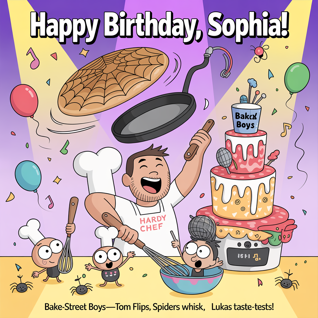 At the top of the Cartoon Style image, "Happy Birthday, Sophia!"

At the bottom of the image, "Bake-street Boys—Tom flips, spiders whisk, Lukas taste-tests!"

- Center scene: A zany, colorful kitchen bursting with motion. Cartoon Tom Hardy (rugged jaw, light stubble) in a flour-dusted "HARDY CHEF" apron mid-flip, launching a giant spiderweb-shaped pancake into a sizzling pan. Cute, wide-eyed spiders in tiny chef hats whip frosting, spin sugar-web streamers shaped like music notes, and wield wooden spoons like microphones. Lukas, a cheerful kid, sings into a whisk while stirring a huge mixing bowl, hitting a boy-band pose.
- Background: A towering birthday cake iced with little microphones and web patterns; a playful retro poster nodding to the Backstreet Boys (no logos), confetti, balloons, and starry spotlight beams.
- Style: Playful cartoon, exaggerated proportions, thick black outlines, bright saturated colors, energetic poses, motion lines, and big expressive faces.
Generated with these themes: Tom hardy, cooking, spiders, Her son Lukas, Backstreet Boys , and .
Made with ❤️ by AI.
