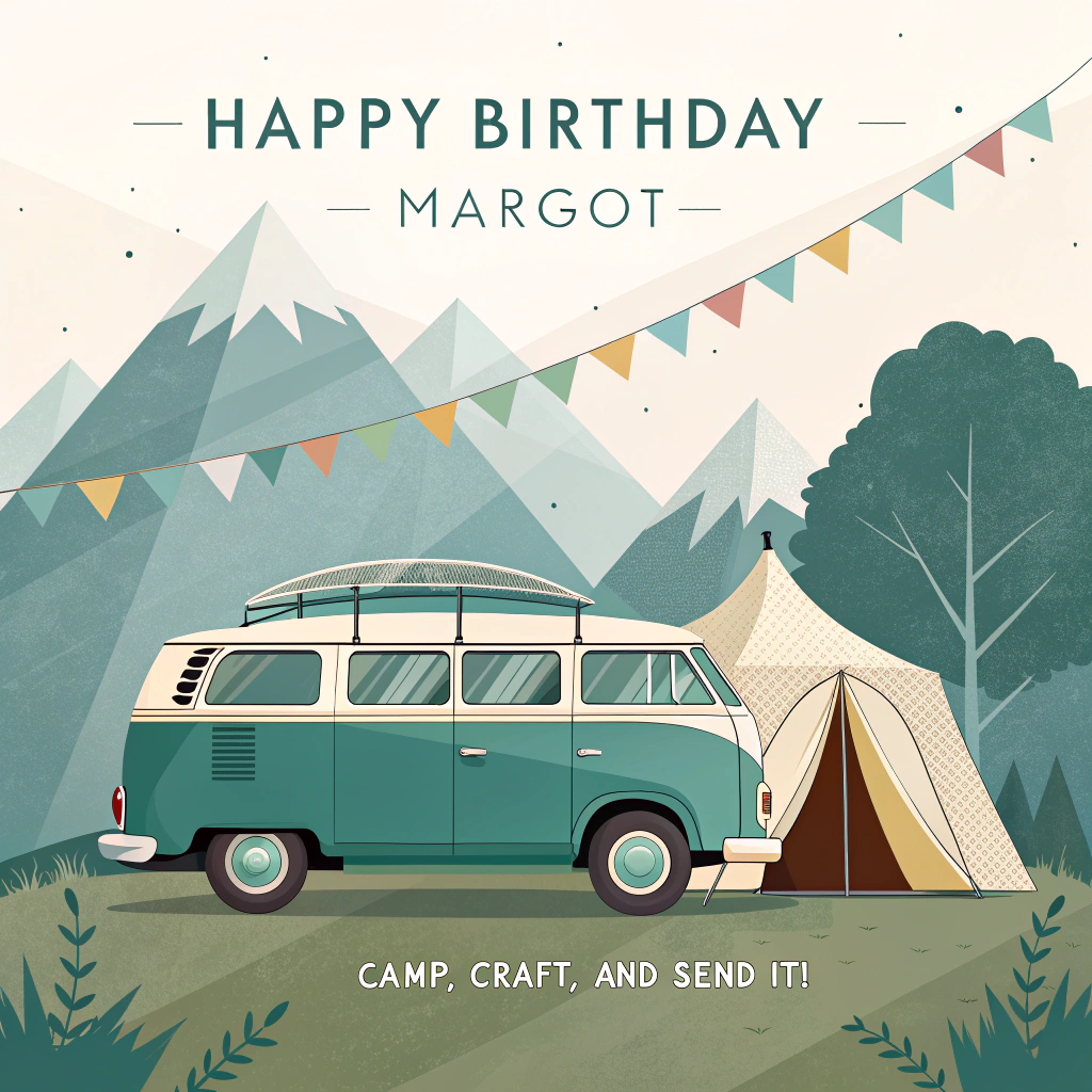 At the top of the Vector Style image, "Happy Birthday Margot"

At the bottom of the image, "Camp, craft, and send it!"

- Clean flat-vector art, portrait orientation. Crisp lines, solid color blocks, minimal or no gradients, plenty of airy negative space to let the headline and punch-line pop.
- Central scene: A retro two-tone campervan (teal and cream) parked at the base of a stylized geometric mountain. Paper-triangle bunting strings from the van’s roof rack to a nearby tent.
- The mountain face is a playful “craft route”: climbing holds shaped like buttons, spools of thread, folded paper diamonds, glue sticks, and rolls of washi tape.
- A cheerful climber mid-move on the wall: rope is a bright yellow tape measure, “carabiners” are oversized silver paper clips, and the chalk bag looks like a tiny glue bottle. Keep the character simple, friendly, and gender-neutral.
- Foreground ground-plane resembles a green cutting mat grid, scattered with a few flat-paper “confetti” scraps for texture (still minimal).
- Campervan roof rack stacked with craft supplies (paintbrush, yarn ball, scissors silhouette), kept simple with solid fills. A rolled sleeping mat and tiny kettle silhouette add the camping vibe.
- Sky: pale cream or soft off-white with a button-sun (yellow circle with four small holes) and two paper-cutout clouds.
- Palette: teal, coral, sunny yellow, forest green, cream, with charcoal linework. No textures, no gradients beyond the most subtle.
- Typography: Extra-large bold geometric sans-serif. Top headline in teal with generous letter spacing; bottom punch-line in coral. Keep both centered, high-contrast, and unobstructed by the scene.
- Composition: Campervan anchored in the lower-left third, mountain rising diagonally to the upper-right, guiding the eye between the two text lines. Keep everything tidy, modern, and playful.
Generated with these themes: Campervan, crafts, climbing, and .
Made with ❤️ by AI.