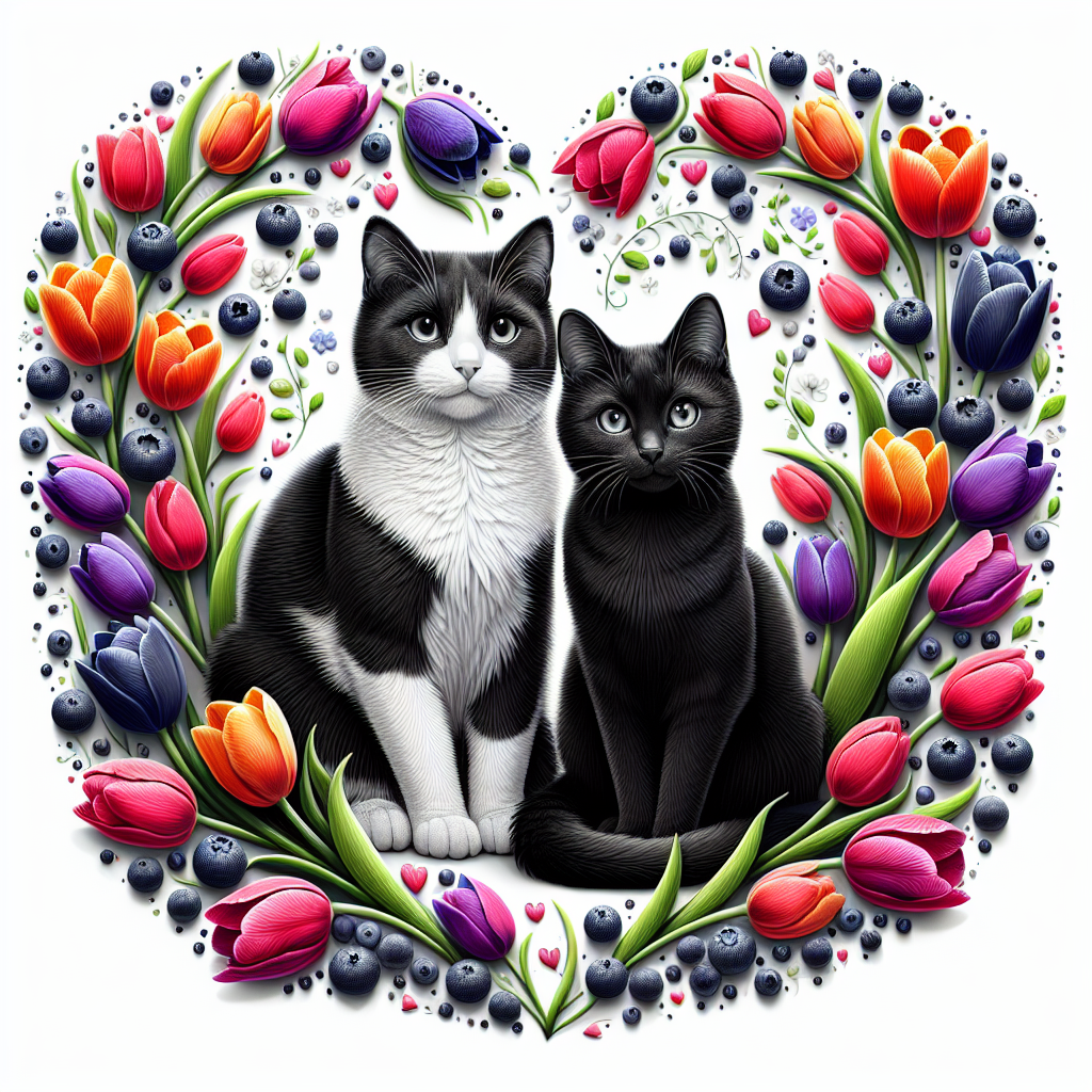 Render a monochrome scene where a black and white cat is sitting alongside a solid black cat. Surround them with a heart-shaped formation of bright tulips. Add clusters of ripe blueberries among the flowers for a touch of vivid hue. Above this charming scene, present the word 'Wordle' in an articulate typeface. Each letter should be filled with a design of tulips and blueberries, representing the loving bond celebrated during Mother's Day.
Generated with these themes: Black and white cat, Black cat, Wordle, Tulips, and Blueberries.
Made with ❤️ by AI.