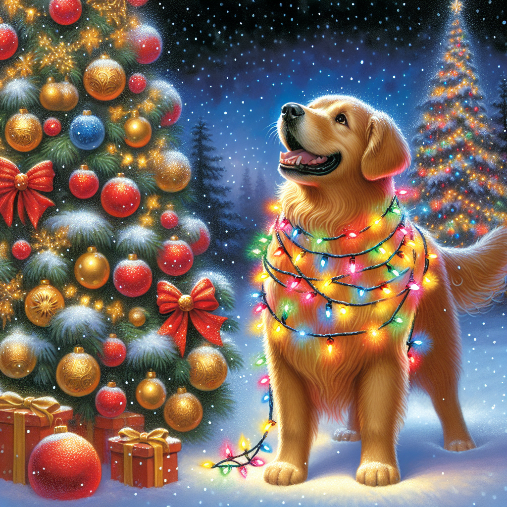 In this heartwarming Christmas illustration, a golden retriever with a shiny golden coat is playfully entangled in a string of Christmas lights. Behind the pup, a beautifully decorated tree stands, its golden and red baubles matching the pup's festive collar. Gentle snowflakes drift down against the tranquil night sky outside the window.
Generated with these themes: Golden retriever .
Made with ❤️ by AI.