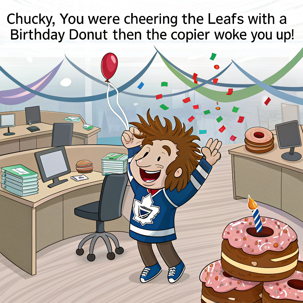 At the top of the image, "Chucky, you were cheering the Leafs with a birthday donut—then the copier woke you up!"

- In the center of the illustration, depict a bustling open-plan office with streamers and birthday balloons tied to swivel chairs and desks.  
- Chucky, a cartoon character with wild party hair and a Leafs jersey on, is slumped over a cubicle desk drooling onto a pile of spreadsheets, a Stanley Cup trophy made entirely of glazed donuts balanced on the copier next to him.
- Behind Chucky, a coworker peeks over a partition holding a mug that says “Cup dreams & copier beams,” clearly amused.
- Add floating “ZZZ” symbols and confetti raining from the ceiling.
- A cake in the background is shaped like a hockey puck, and on a sticky note nearby it says “Office League Champs... in our dreams.”
- Add subtle details like a Toronto Maple Leafs calendar circled around “Stanley Cup Parade Day,” which is actually April Fools.
Generated with these themes: Toronto Maple Leafs won the Stanley Cup but it was a dream, Office setting, and Happy Borthday.
Made with ❤️ by AI.