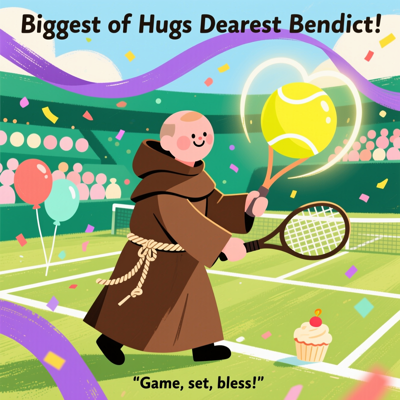 At the top of the Abstract Style image, "Biggest of Hugs Dearest Benedict!"

Cute, bold abstract scene of a Franciscan friar playing the Wimbledon final on a sunlit grass court, rendered as a modern expressive composition: rounded cocoa-brown robe built from soft geometric shapes and fluid curves; a simple rope-belt spiraling into a stylized oval racquet with a delicate grid; an oversized glowing tennis ball in sunshine yellow leaving a haloed, heart-shaped arc of motion. Court suggested by crisp white linear geometry over rich emerald planes; stands become stacked pastel dots and ovals like a cheering crowd; royal-purple ribbons sweep across the scene for Wimbledon flair. Add subtle birthday whimsy: confetti sprinkles, balloon-like circles, and a tiny cupcake silhouette tucked into the background strokes, all in high-contrast pops of coral, mint, lemon, and cream. Keep features charming and minimal—tiny curved strokes for a gentle smile, rounded edges everywhere for cuteness. Use dynamic brush-stroke textures, palette-knife dashes, and soft grain over flat shapes; high-contrast lighting with bright highlights and cozy shadows. Portrait orientation, large central figure, plenty of breathing space; no logos or extra text.

At the bottom, a small, playful secondary caption: "Game, set, bless!"
Generated with these themes: Franciscan Friar plays final at Wimbledon , and .
Made with ❤️ by AI.
