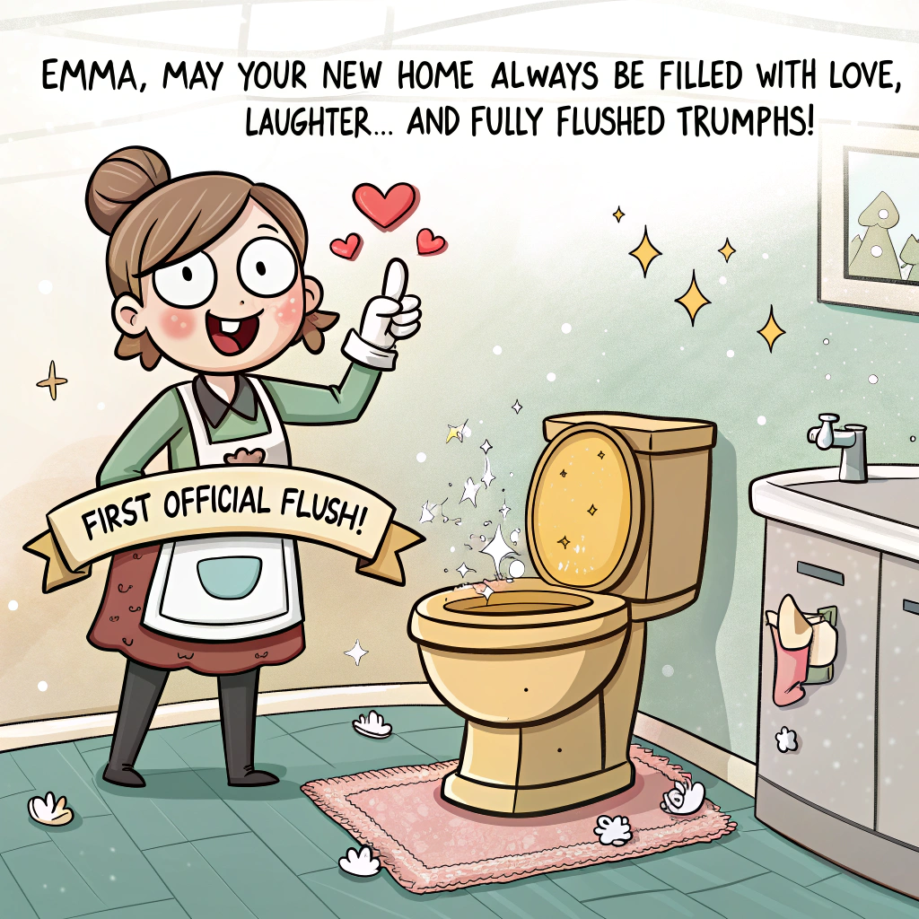 At the top of the image, "Emma, may your new home always be filled with love, laughter... and fully flushed triumphs!"

- Illustrate a cartoon-style bathroom scene with exaggerated, humorous detail:
  - A wide-eyed cartoon Emma in her cozy new bathroom, proudly giving a thumbs-up while wearing oven mitts (for no reason).
  - Behind her, a golden, sparkling toilet throne sits slightly elevated, crowned with a little banner reading “First Official Flush!”
  - Floating in midair are tiny celebratory confetti poops (cute-faced cartoon style), joyfully cheering as one of them plunges heroically down the bowl with a little red cape fluttering.
  - A “Mission Accomplished” flag sticks out of a nearby toilet brush.  
  - Optional side detail: a beaming rubber duck wearing a hard hat and holding tiny blueprints.
Generated with these themes: New home poo in toilet .
Made with ❤️ by AI.