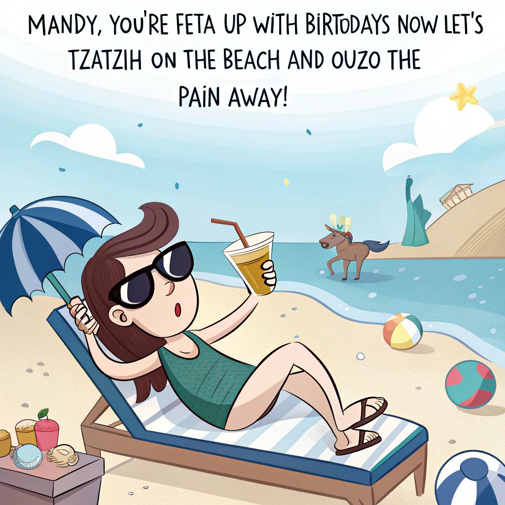 At the top of the image, "Mandy, you're feta up with birthdays — now let's tzatziki on the beach and ouzo the pain away!"

- Create a lively and humorous illustration of Mandy lounging dramatically on a sunbed at a sunny Greek beach.
- She’s wearing oversized sunglasses and holding a cocktail topped with a tiny paper umbrella and a feta cube.
- In the background, cartoon donkeys in sunglasses are playing volleyball while a Greek statue wears party hats and sips a mojito.
- Scattered in the sand are olives, birthday candles, and flip-flops shaped like slices of pita bread.
- The ocean sparkles invitingly behind her, with a sign stuck in the sand reading: “Welcome to Mandykos – Population: Birthday Queen.”
Generated with these themes: Beach Greece.
Made with ❤️ by AI.