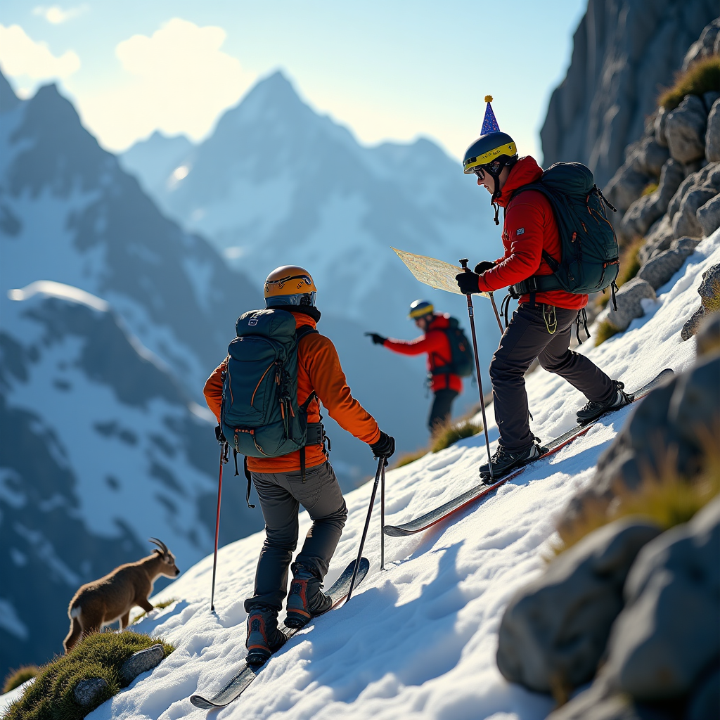 At the top of the Photorealistic picture taken from a camera image, "Happy Birthday, Sebi — off-piste and on-peak!"

Ultra-high-definition 4K UHD, true-to-life alpine photograph with accurate lighting and rich depth of field: a wide-angle, slightly low-angle shot on a sunlit ridge high in the Alps, late afternoon golden light. Foreground features a funny multi-sport mashup: three friends on a narrow rocky trail where patchy spring snow meets granite. One person, wearing a climbing helmet with a tiny party hat clipped on, is awkwardly “skiing” a 2-meter snow patch in full ski boots while still roped in; their skis are A-framed on the backpack, a dangling climbing rope loops comically around a trekking pole. Another friend, in harness and belay device, is belaying from a sturdy boulder like it’s a serious climb, but laughing, scattered carabiners and quickdraws glinting in the sun. A third hiker with trekking poles stands nearby, mid-chuckle, pointing at a trail map held upside-down. A curious mountain goat photobombs at the frame edge, gently nibbling the corner of the map. Background: dramatic jagged alpine peaks, snow-capped ridgelines, glacier-blue shadows in the distance, crisp sky with soft clouds and ample negative space at the top for the caption. Lifelike textures: weathered granite, gritty snow grains, scuffed ski boots, braided rope fibers, technical fabric sheen. Natural color grading, high dynamic range to preserve detail in bright snow and deep shadows. Shot on a full-frame camera, 24mm lens, f/8, ISO 100, 1/1000s, polarizing filter for rich sky. No other text in the scene.
Generated with these themes: The alpes, hiking, skiing, climbing, and .
Made with ❤️ by AI.