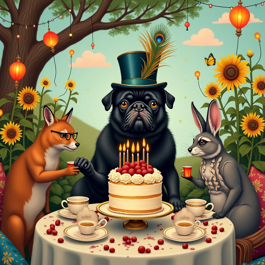 In the center of the card, a rotund black pug, named Percy, dons an extravagant top hat, far too large for his small, wrinkled head, as if plucked from a Victorian dandy's wardrobe. Perched slightly askew, the hat is adorned with a bright, fluttering peacock feather that seems to have a life of its own, giving Percy a slightly befuddled, yet dignified appearance. Percy is seated at a miniature round table in the midst of an opulent tea party, reminiscent of a fantastical Beatrix Potter scene infused with a touch of Quentin Blake's whimsical chaos. Around the table are a variety of animal guests: a fox wearing monocles, a raccoon with a cravat, and a rabbit wearing a dress made of daisies, all engaged in animated chatter, sipping tea from delicate porcelain cups with golden trims.

The setting is an idyllic garden, with towering sunflowers leaning in as if eavesdropping on the merriment. In the background, an ancient oak tree stands majestically, its branches draped with strings of colorful, glowing lanterns that illuminate the scene with a warm, ethereal glow. Scattered around the ground are mismatched cushions and an assortment of plush, eccentric rugs, giving the scene a cozy, eclectic feel.

On the table, a lavish, towering cake is the centerpiece, bedecked with cream swirls and cascading berries that look ripe enough to pluck. The cake leans slightly to one side, comically held up by an array of skewed candles, each flickering wildly, as if in anticipation of the birthday wish. Percy’s paw hovers near a plate stacked with treats, his eyes wide with delight and mischief, hinting at the possibility of an impending feast. In the sky above, a few whimsical clouds float lazily, shaped like familiar party balloons, adding an extra layer of festivity to this enchanting birthday gathering.
Generated with these themes: Black pug.
Made with ❤️ by AI.