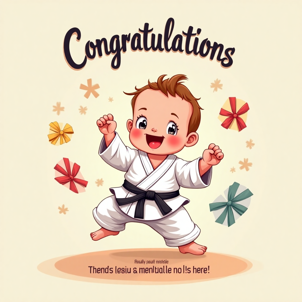 At the top of the Cartoon Style image, write the text: "Congratulations"

Create a whimsical and playful cartoon scene featuring a baby girl dressed in a miniature karate gi, complete with a tiny black belt. The baby has chubby cheeks, big sparkling eyes, and an enthusiastic smile. She's in a karate stance with one leg kicked up high and her tiny fists ready for action. Surround her with playful elements like floating colorful karate belts, and maybe a dojo with soft pastel-colored mats. Add in a cheeky line at the bottom: "Watch out, world! The karate kiddo is here!" Bright, saturated colors and thick outlines bring the scene to life, radiating energy and humor.
Generated with these themes: Karate baby girl, and .
Made with ❤️ by AI.