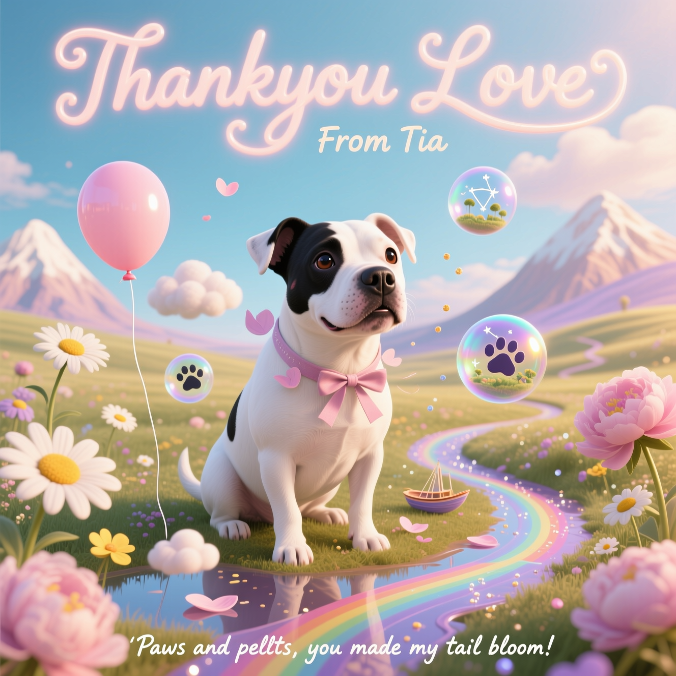 At the top of the Surreal Style image, Thankyou Love From Tia

Dali-inspired dreamlike surrealism in a cute, heartwarming mood. Center stage: a white Staffordshire Bull Terrier with a shiny nose and a black patch over its left eye and cheek (dog’s left side; viewer’s right), head slightly tilted, big soulful eyes, soft smile. The pup sits in an otherworldly meadow of oversized pastel flowers—daisies, peonies, buttercups—whose stems stretch like stilts and gently melt into glossy paint puddles that mirror the sky. Some flowers float like helium balloons, ribbons tied to the dog’s collar; drifting petals become tiny cloud-boats. The horizon softly swirls; meringue-like mountains linger in the distance. Iridescent soap-bubble orbs hover, each holding miniature gardens and pawprint constellations. A looping path of rainbow petals curls into a heart around the pup. Sparkling pollen motes and soft bokeh shimmer through ethereal golden-hour light.

Render the top text as luminous petal-script, letters formed from curling stems and wisps of cloud, with a soft drop-shadow for legibility. At the bottom in a small whimsical handwritten script: “Paws and petals, you made my tail bloom!”

Color palette: cotton-candy pinks, buttery creams, mint, sky-blue, and lavender with pearlescent highlights; gentle volumetric glow; playful elongated shadows. Composition: portrait, full-bleed, large central subject with airy negative space around the head for the text; ultra-detailed fur, crisp eyes, softly blurred background; subtle lens flares and light film warmth.
Generated with these themes: White staffy with black patch over left side of face, Flowers, , and .
Made with ❤️ by AI.