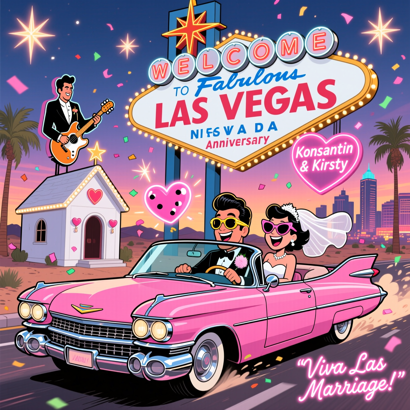 A couple driving in an Elvis-pink Cadillac. He is holding the wheel, and she is sitting next to him. They are driving away from a little white chapel in Las Vegas with the traditional Elvis Presley sign on the chapel., Instead of the “Welcome to Las Vegas” sign, please show the words: “Happy First Wedding Anniversary” in the same style., Insert  somewhere suitable “Konstantin & Kirsty” on one line in neon lights., and Anniversary Card