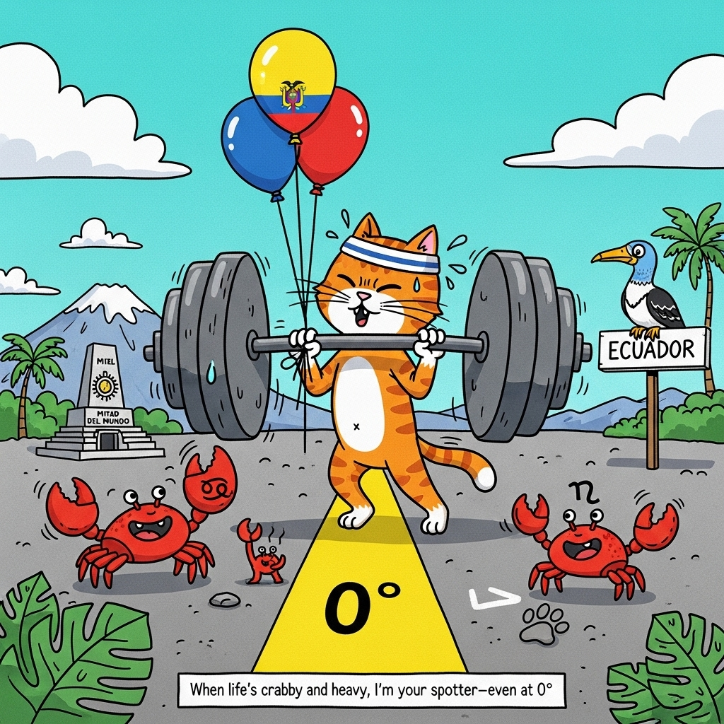 Playful cartoon style with exaggerated proportions, thick black outlines, bright saturated colors, whimsical energetic poses. Scene: On the Equator in Ecuador (bold yellow equator line labeled 0° with a small Mitad del Mundo monument in the background, a distant snow-capped Andean volcano, tropical leaves, turquoise sky with puffy clouds), a mischievous orange tabby cat in a sweatband is “naughtily” cheating a workout—straining to curl an oversized dumbbell while secretly tying three helium balloons in Ecuador’s flag colors (yellow, blue, red) to the bar. The dumbbell’s plates are two grinning red crabs (Cancer), one shell marked with the white ♋ symbol; a tiny crab spotter gives an encouraging claw-up. Sweat droplets, paw-shaped chalk smudges, and a curious blue-footed booby watching from a sign for “Ecuador” add playful details. Big, bouncy expressions, snappy motion lines, high-contrast cheerful palette, soft textured shading. Include a small, single-line hand-lettered caption at the bottom: “When life’s crabby and heavy, I’m your spotter—even at 0°.”
Generated with these themes: Cat, Naughty, Dumbbell, Ecuador, Cancer, and .
Made with ❤️ by AI.