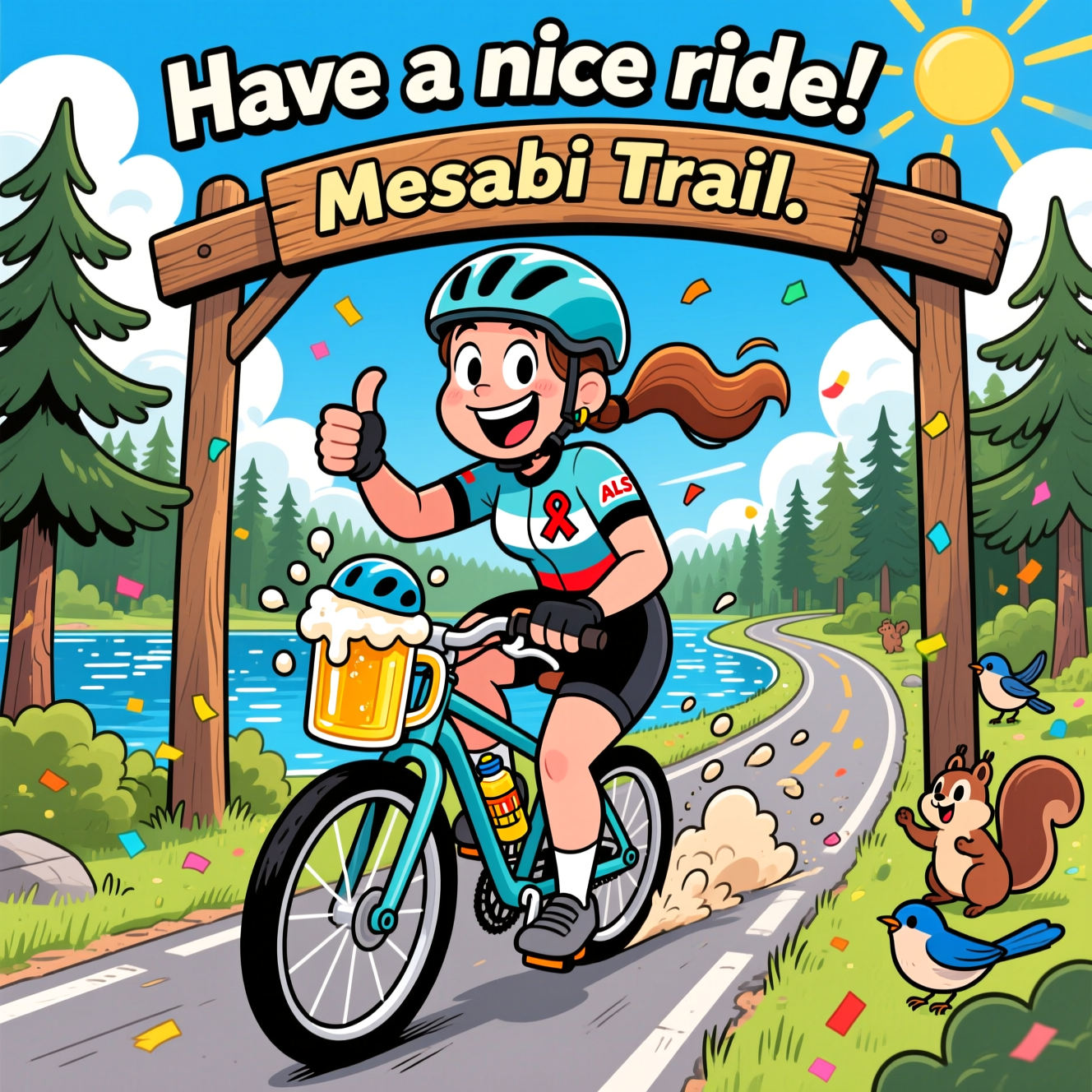 At the top of the Cartoon Style image, "Have a nice ride!"

Playful, bright, funny cartoon scene with thick black outlines and saturated colors. In the center, a female cyclist with exaggerated proportions (big joyful grin, wide eyes, bouncing ponytail) rides energetically along a winding paved path through lush pine forest and sparkling lakes. She passes under a cheerful wooden arch sign that reads "Mesabi Trail." She wears a helmet and a cycling jersey with a small red awareness ribbon pin to signal an ALS charity ride. Her pose is dynamic and cheeky—one hand on the bars, the other flashing a thumbs-up—as motion lines and dust puffs emphasize speed. In her bike’s bottle cage sits an oversized, frothy pint of golden beer with a tiny helmet, foam splashing into playful shapes like confetti. Add whimsical woodland critters (chipmunk, bluebird) silently cheering, and a sunny blue sky with chunky clouds and radiant sunbeams. Keep composition vertical and image-first; make everything vibrant, celebratory, and humorous.
Generated with these themes: .
Made with ❤️ by AI.