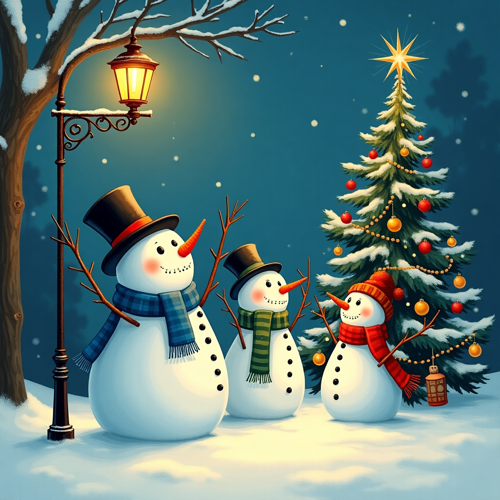 On a serene, snow-blanketed evening, an enchanting scene unfolds on the front of our Christmas greetings card. In the foreground, four jovial snow beings stand in harmonious unison, their coal-black eyes twinkling under the soft glow of an old-fashioned street lamp, reminiscent of a quaint Edwardian setting. The first snowman, embodying the role of a charismatic choir conductor, sports a stylish top hat perched jauntily on his head and a pair of oversized, round spectacles that magnify his expressive eyes. His twig arms are raised gracefully, guiding the melody of the snowy chorus. To his right, a snowman in a snug bowler hat joins in the singing, his carrot nose slightly tilted as he belts out a merry tune.

Beside him, a snowwoman adorned in a vibrant blue scarf adds a splash of color to the monochrome landscape. Her scarf is artfully tied, its tassels fluttering in the gentle breeze. Her stick arms are positioned as if holding a sheet of music, imagined from the swirls of snowflakes. Next to her, another snowwoman complements the ensemble with her warm red scarf, wrapped snugly around her neck, bringing a touch of festive warmth. Her coal buttons are perfectly aligned, and she too seems entranced by the magical carol.

Behind this delightful quartet stands a magnificently decorated Christmas tree, its branches heavy with glistening ornaments that catch the lamp’s golden light. Strings of sparkling tinsel weave through its boughs, while a twinkling star crowns its peak, casting a celestial light over the scene. The tree's presence is both grand and comforting, anchoring the snowy wonderland.

Completing this festive tableau is the old street lamp, its wrought-iron details lending a touch of vintage elegance. Snowflakes dance around its light, and the path beneath is lightly dusted with fresh snow. This scene, rich in narrative and whimsical charm, is a tribute to the artists who inspire it, capturing a moment of seasonal magic perfect for a holiday greeting.
Generated with these themes: one snowman with hat and glasses  posing in a choir conductor  , one snowman with hat, one snowwoman with blue scarf, one snowwoman wearing red scarf , singing carols on a winter snowing night with a Christmas tree in background and an old street lamp.
Made with ❤️ by AI.
