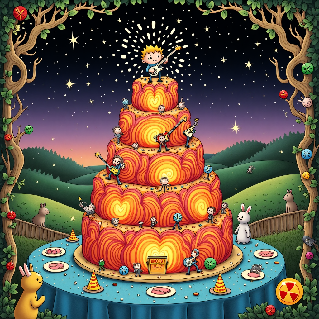 In the center of the card, imagine a vibrant, whimsically chaotic birthday party scene inspired by a mash-up of Edward Gorey and Quentin Blake. The foreground features a large, detailed birthday cake with multiple tiers. This cake is no ordinary one; it's shaped like a mushroom cloud, intricately frosted with swirling layers of fiery reds, oranges, and yellows to mimic an explosion. Nestled within the frosting, playful sparklers pop out, crackling with bright white sparks.

On top of this cake stands a small band of cartoonish characters styled after Fallout Boy. They have exaggerated features and are equipped with tiny instruments made from repurposed nuke materials—like a guitar fashioned from a fallout shelter sign and drumsticks that resemble missile tips. They're mid-performance, caught in animated poses, playing to an invisible audience.

Surrounding the cake, scattered across a table draped with a deep blue cloth covered in stars, are quirky, nuclear-themed party decorations. Think green uranium glow sticks, party hats shaped like cooling towers, and plates adorned with tiny atomic symbols.

In the background, there's a gently rolling pastoral landscape reminiscent of Beatrix Potter, dotted with small creatures peeking curiously at the festivities. The sky above is a dusky twilight gradient transitioning from deep purple to black, sprinkled with a constellation that faintly forms the name "Oliver."

The edges of the card are framed with intricate Art Nouveau-style vines and whimsical, playful flourishes, evoking the detailed linework of Aubrey Beardsley but with a cheeky, modern twist. These vines are peppered with tiny illustrations of iconic items from the fallout universe—like mini gas masks, tiny vault doors, and caps—adding layers of discovery to the scene.
Generated with these themes: fallout boy, nuke 45.
Made with ❤️ by AI.