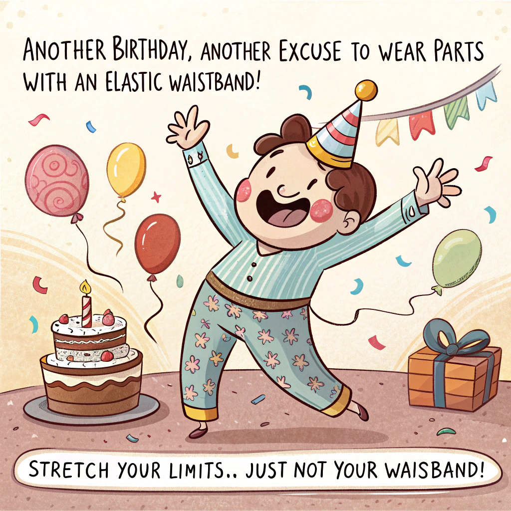 At the top of the image, "Another Birthday, Another Excuse to Wear Pants with an Elastic Waist!"

At the bottom of the image, "Stretch your limits… just not your waistband!"

- In the center of the image, show a cheerful cartoon character at a chaotic birthday party scene—balloons, cake, confetti everywhere.  
- The character is happily dancing while wearing hilariously oversized pajama pants held up only by a straining elastic band, with crumbs all over their shirt and frosting smeared on their face.  
- Around them, a cat is swinging from a balloon string and a party hat sits askew on their head.
Generated with these themes: cartoon birthday card.
Made with ❤️ by AI.