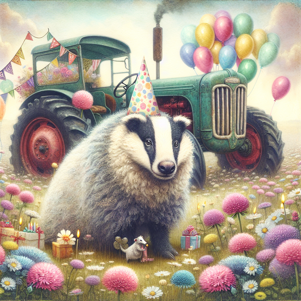 Create a whimsical birthday illustration showcasing a unique creature as the centerpiece, which is a sheep with the face of a badger. This charming character is seen wearing a festive party hat. In the background, an old-style tractor, which is festooned with balloons of various colors, is parked amidst a field coated with wildflowers in a variety of vibrant hues. The scene is washed in soft pastel colors, blending warmth and nostalgia seamlessly. This fantastical image attempts to strikingly capture the essence of rural charm mingled with the exhilaration typical of a birthday celebration.
Generated with these themes: Badger faced sheep , and Vintage tractor .
Made with ❤️ by AI.