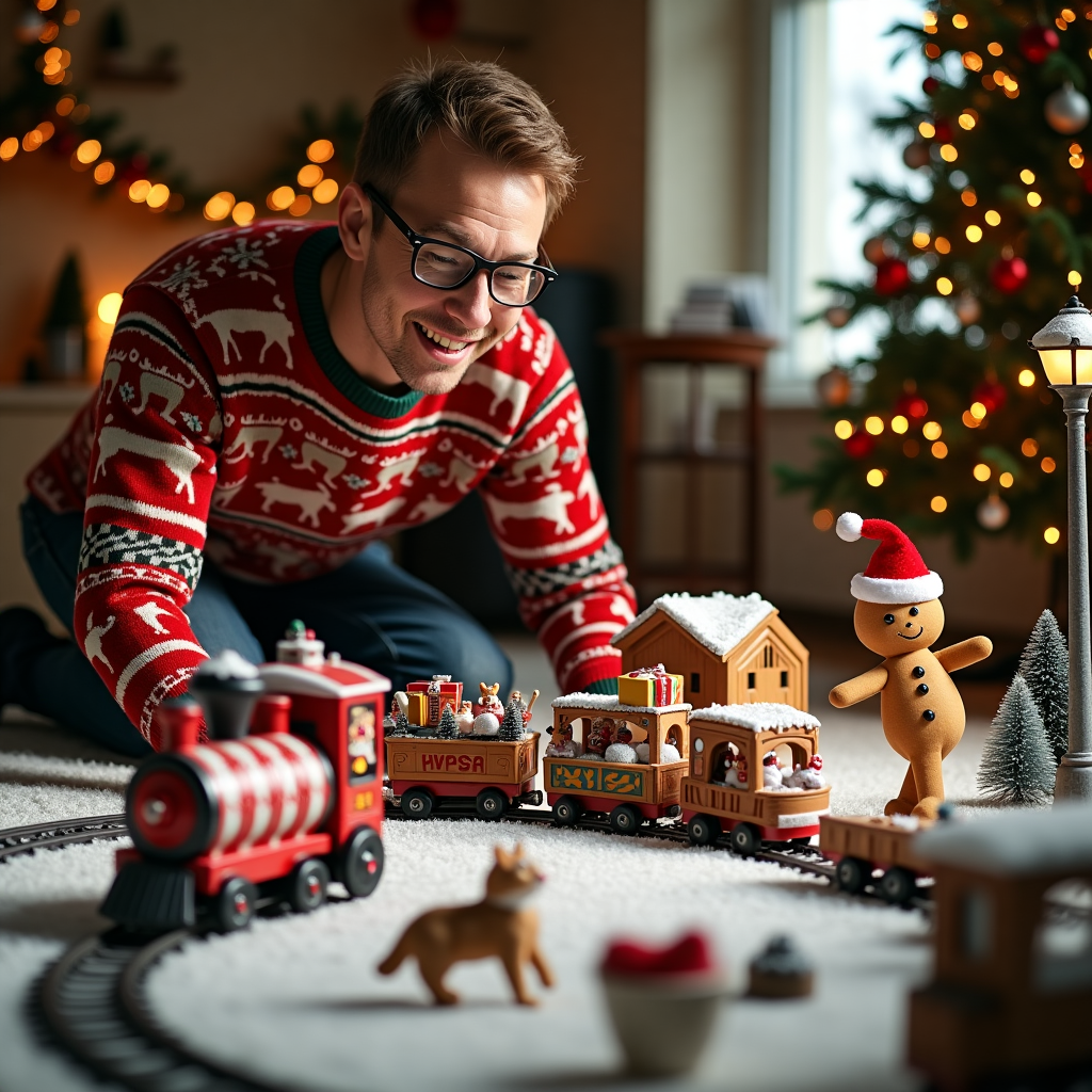 In a cozy, warmly lit living room adorned with traditional Christmas decorations, a quirky scene unfolds on the floor beneath a twinkling, ornament-laden Christmas tree. At the center, an enthusiastic man, sporting an oversized, garishly patterned Christmas sweater featuring dancing reindeer, is kneeling with childlike excitement. His glasses are slightly askew on his nose as he intently focuses on a miniature winter wonderland spread out before him—a sprawling model railway set meticulously crafted to capture the festive spirit. The tracks, dusted with a sprinkle of faux snow, wind around a quaint, snow-capped village complete with tiny ceramic houses and even a miniature Christmas market bustling with little figurines frozen in merriment. The train itself is an elaborate affair, its engine adorned with a red and white candy cane stripe and pulling tiny carriages filled with minuscule presents wrapped in shiny paper. A playful addition is a small Santa figurine perched atop the engine, waving joyfully. In the background, a gingerbread man leans lazily against a tiny lamppost, its expression surprisingly cheeky. To the side, a curious cat, dressed in a tiny Santa hat, bats at a runaway train car that has amusingly derailed, causing a miniature cow to watch in bemusement from a nearby snow-dusted pasture. All these elements come together in this delightfully chaotic and humorous Christmas scene, making it the perfect quirky and endearing front cover for a holiday greetings card.
Generated with these themes: Man playing with model railway .
Made with ❤️ by AI.